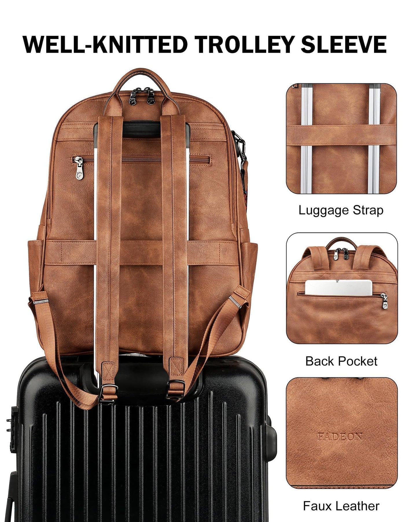FADEON Laptop Backpack Purse for Women PU Leather 15.6 Computer Bag Desingner Travel Back Pack with Laptop Compartment, 1 Brown Retro Style, 12.6 x 6 x 17.1 inches, Leather Laptop Backpack Purse for