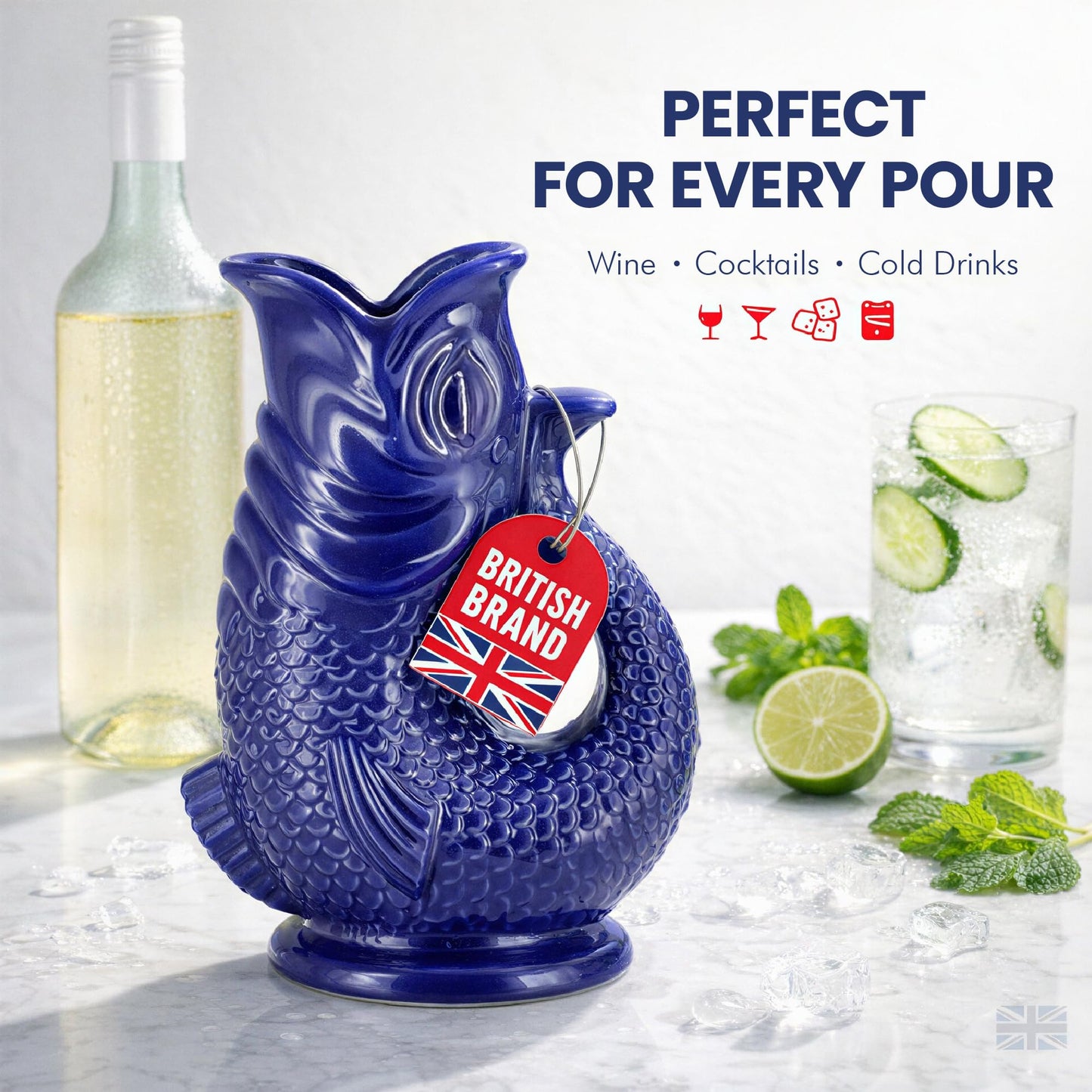 Glug Jug The Bubble Jug® Surf Blue 50 fl oz 1.5L Litre Extra Large Gurgle Pitcher Jug Fish Shaped Decorative Ceramic Glugging Cocktail, Water and Gin Jug and Gurgling Carafe Pot