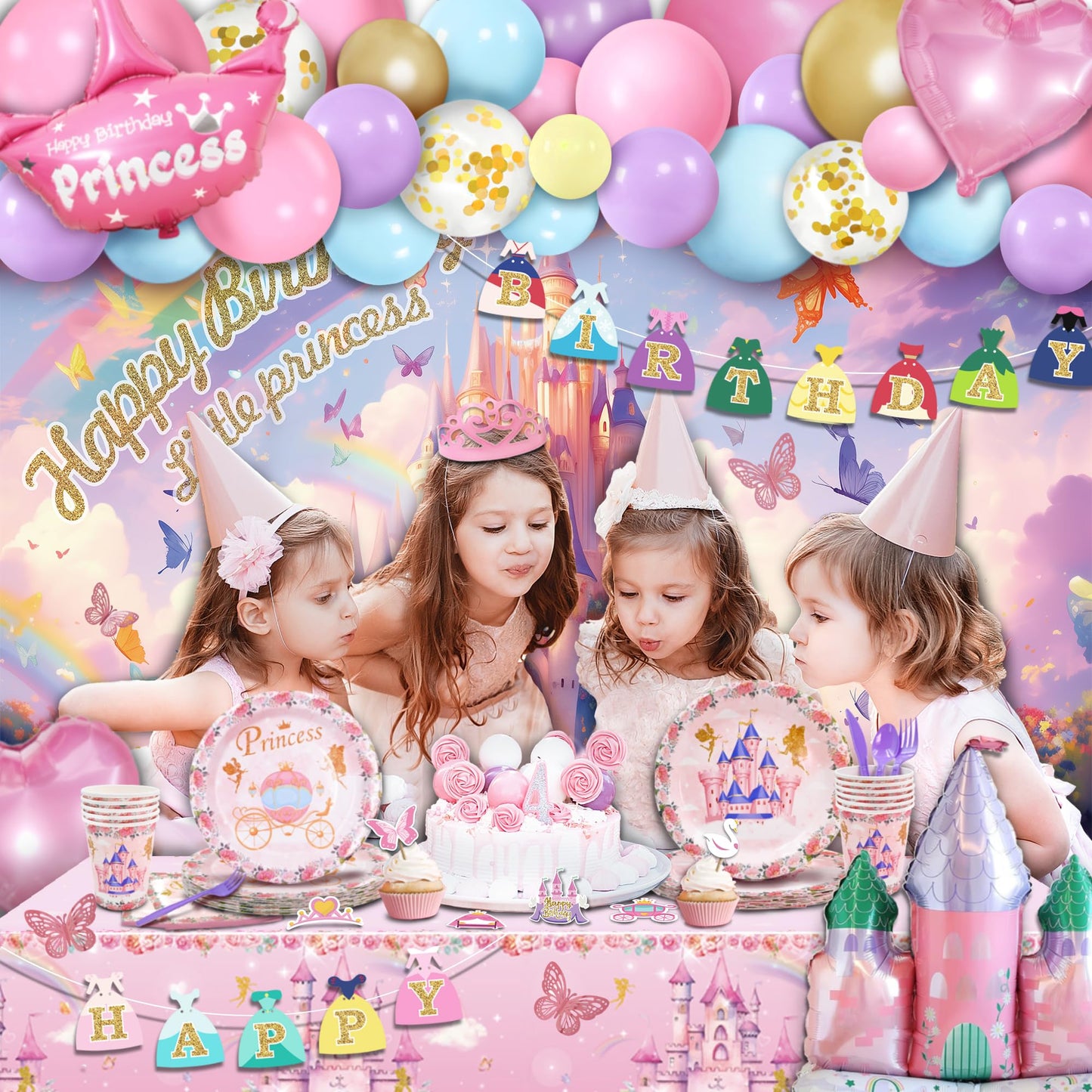 208 pcs Pink Princess Birthday Party Decorations For Girl Woman, 12 Tableware Sets, Castle Balloons, Balloon Arch, Crown, Happy Birthday Banner, Tablecloth, Backdrop, Cake Topper, Balloon Pump