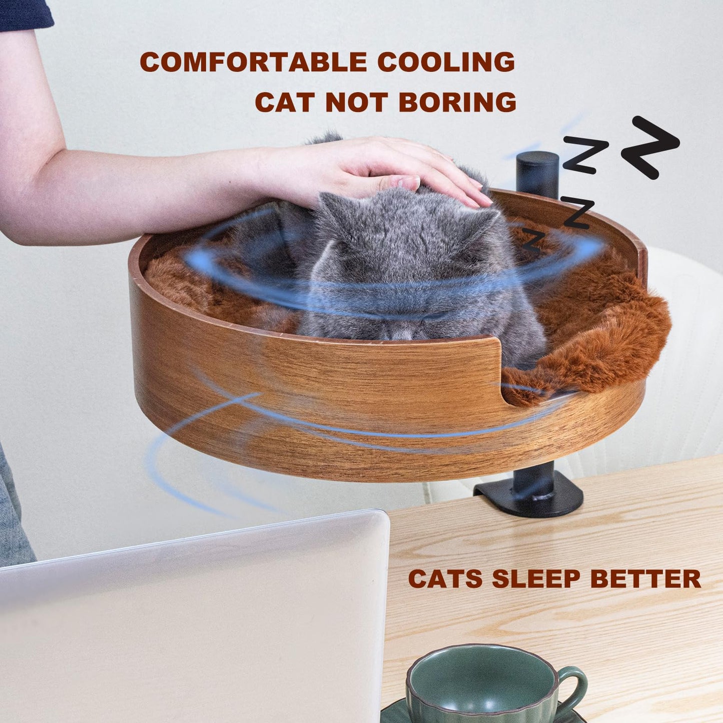 Cat Bed Desk with Pet Mat, Cat Hammock for Desk, Cat Bed Desk with Wooden Bowl, 360° Rotation and Adjustable Height