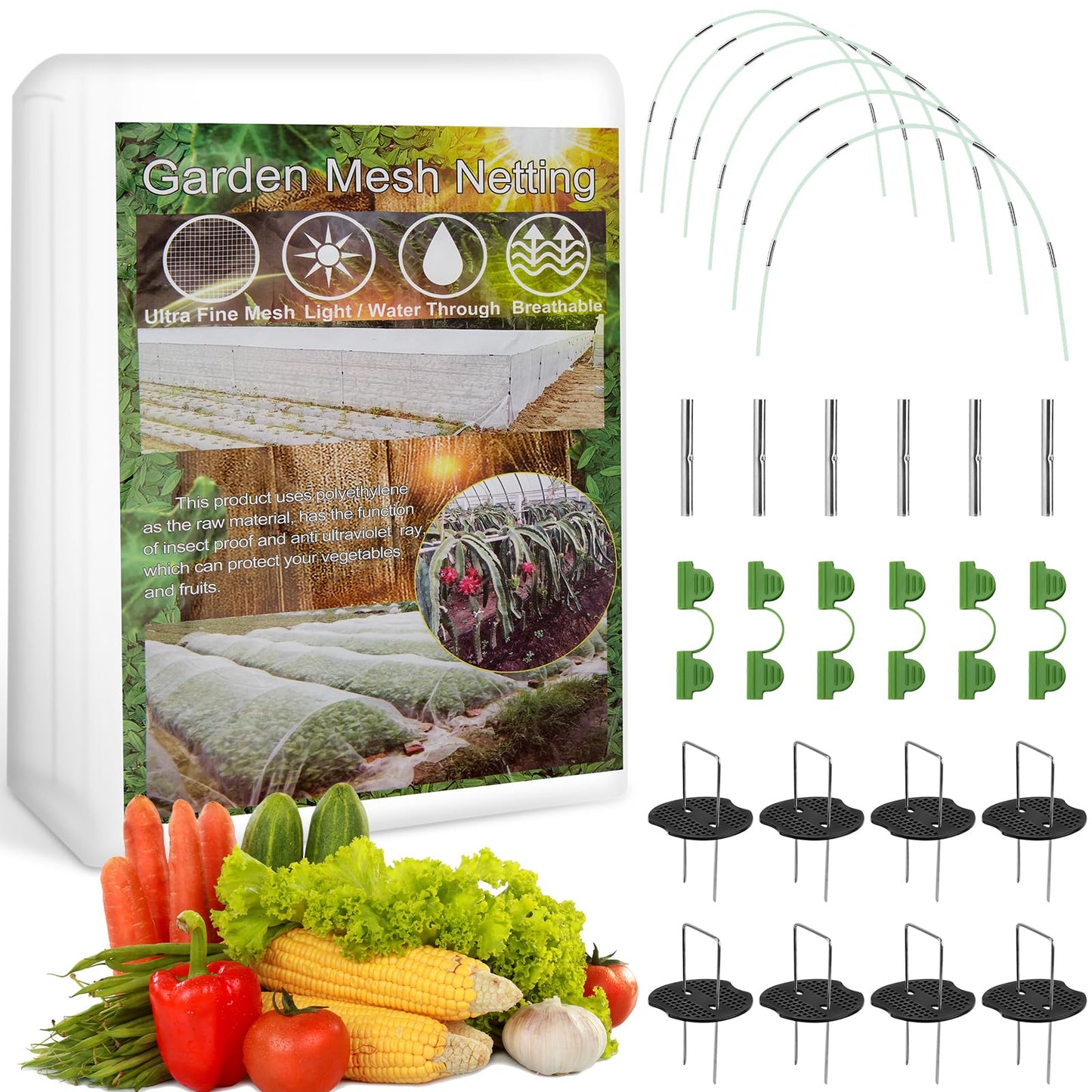 WADEO Garden Mesh Netting Kit, 8x33 Ft Row Covers for Gardening with Fiberglass Hoops Stakes Clamps, Ultra Fine Mesh Netting for Garden Protection Raised Beds Vegetable Plants Fruits Flowers Croping
