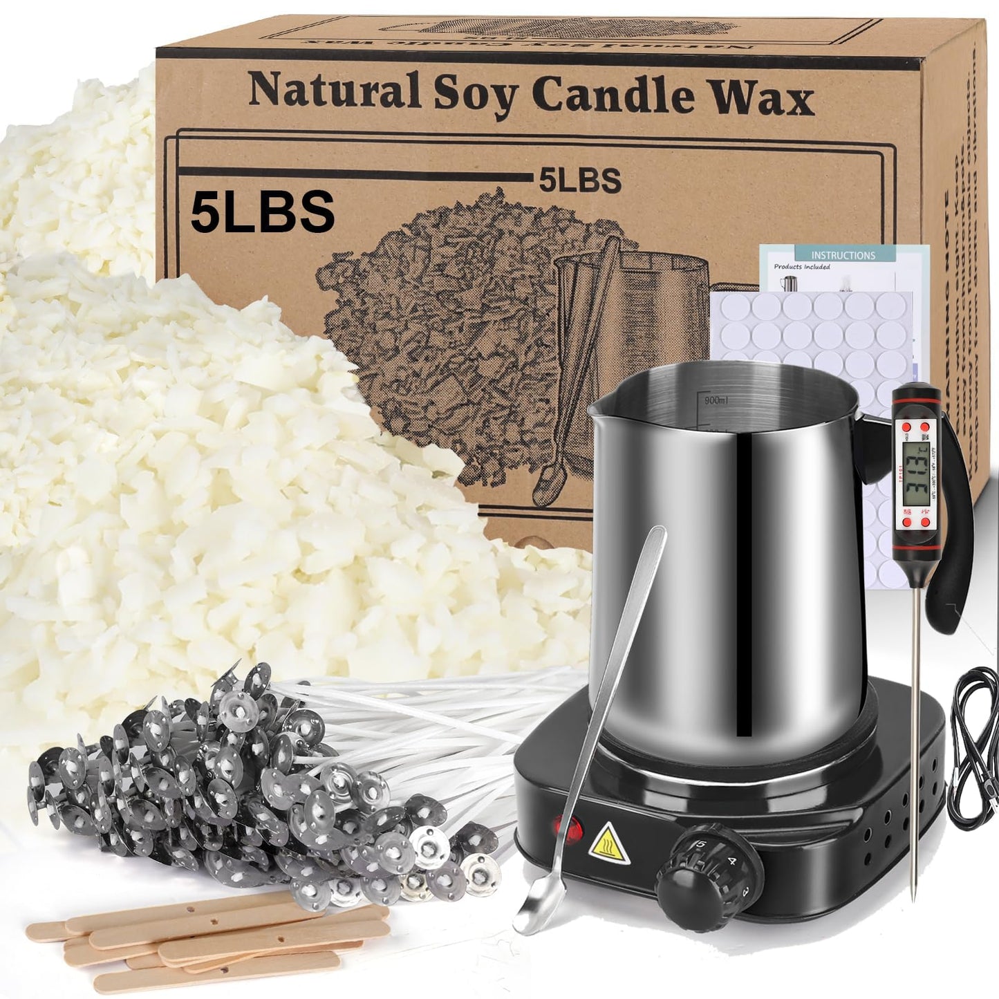 Soy Wax Candle Making Kit Supplies, DIY Art&Crafts Kit for Adults,Beginner, Including 5lbs Soy Wax Flakes, 100 Candle Wick, 10 Centering Devices, Melting Pot (with Hot Plate)