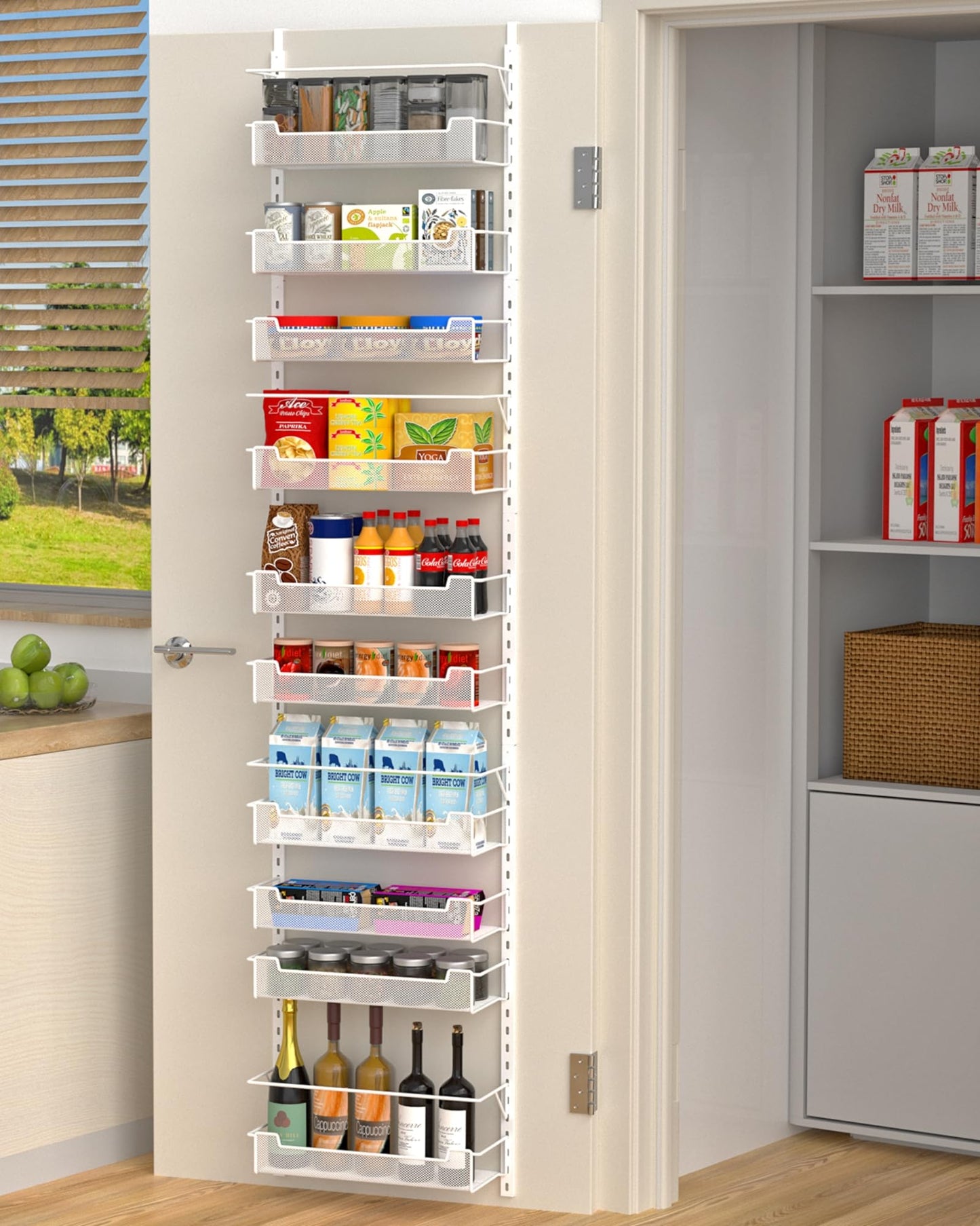 VyGrow 10-Tier Over the Door Pantry Organizer with Adjustable Basket, Pantry Door Organization for Pantry Kitchen Storage Room Spice Rack, White