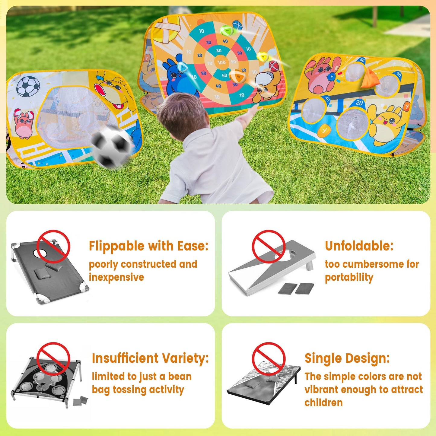 Giant 3-in-1 Bean Bag Toss Game for Kids, Toddler Toys Soccer Goal Board, Dartboard, Outdoor Outside Carnival Combo Set for Backyard Beach Lawn Party Fun, Birthday for Boys Girls 1-3 2-4 4-8