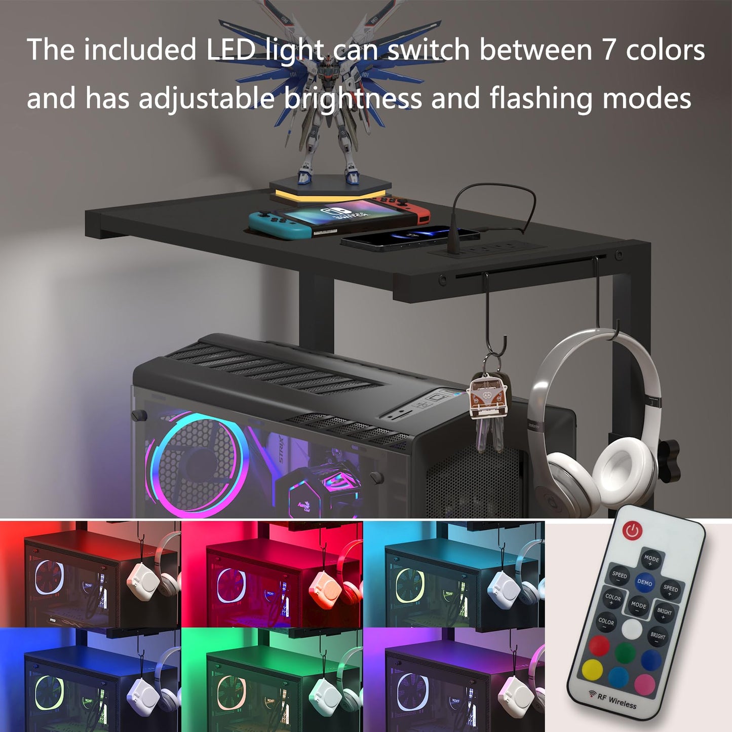 Computer Tower Stand with LED Light Strip, Mobile Rolling CPU Holder, Height Adjustable PC Tower Stand with Charging Station for Office Home (Black)