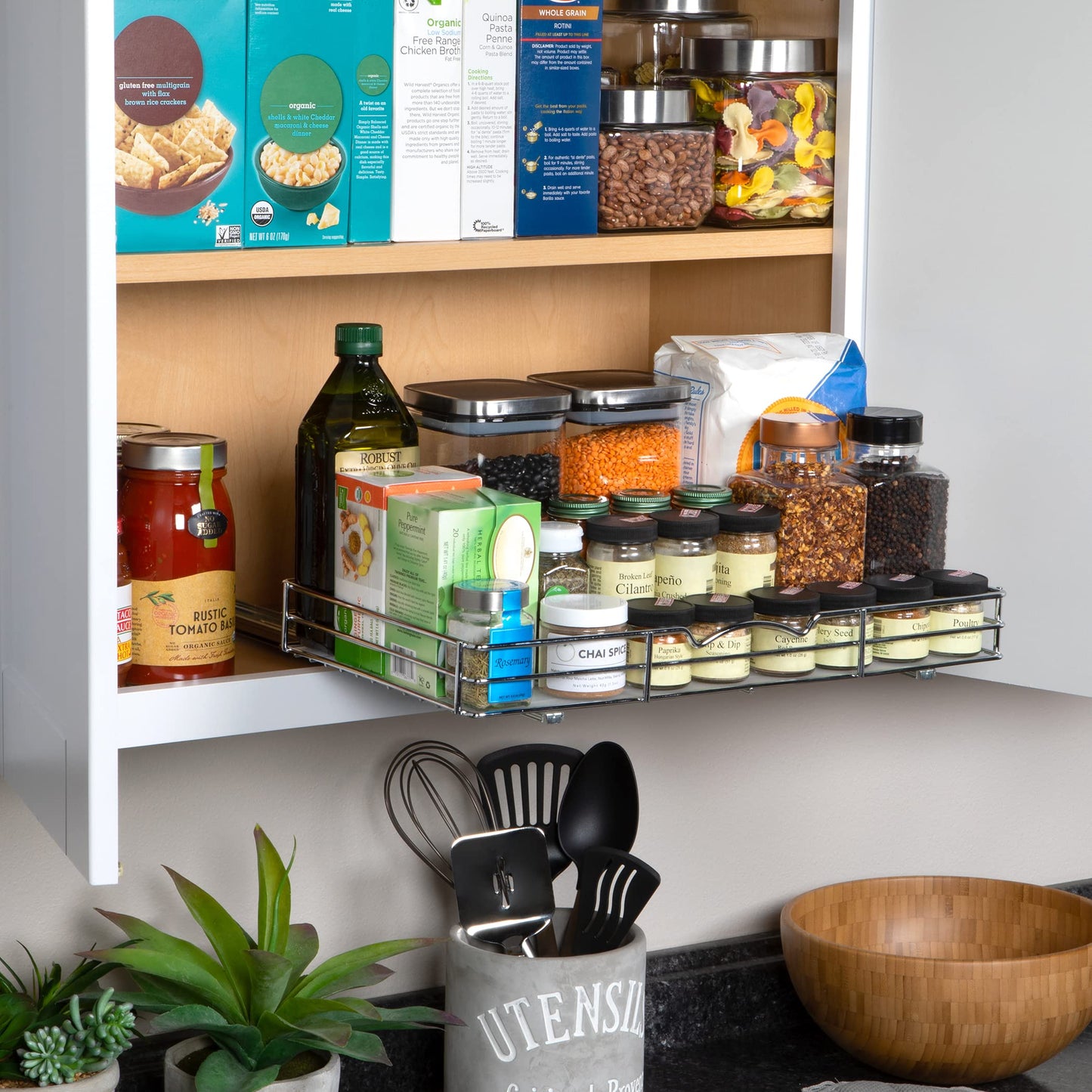 Spice Rack Organizer for Cabinet - Pull Out Tier Spice Rack for Upper Kitchen Cabinets and Pantry Closets, For Spices, Sauces, Canned Food etc. (18 Inch - Single)