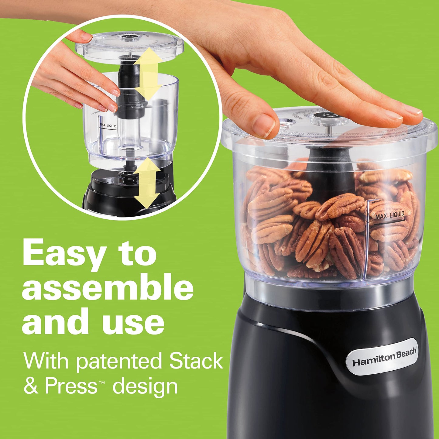Hamilton Beach Stack & Press Food Chopper & Mini Food Processor, 350 Watts, 3 Cup Bowl, Stainless Steel Blades, for Chopping, Puree & Emulsify, Black, 72850G