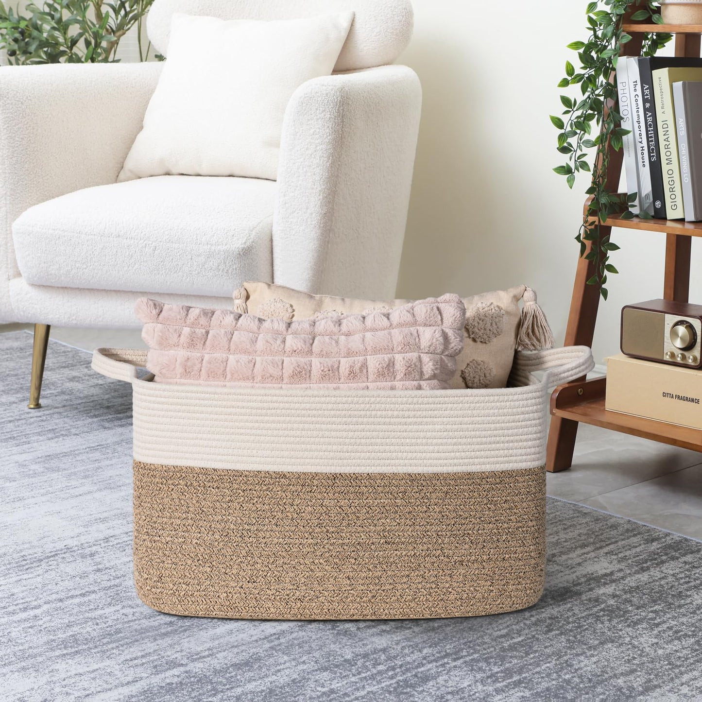 Goodpick Large Storage Basket 21.6" x 14.9" x 11.8", Blanket Baskets for Living Room, Woven Rope Storage Basket for Toys, Towels, Rectangle Laundry Dirty Clothes Baskets for Nursery, Mix Brown