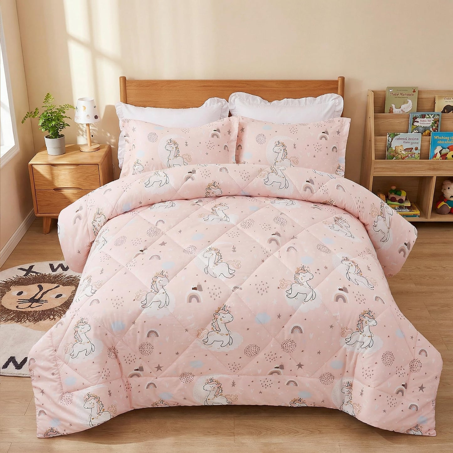 JSD Pink Unicorn Kids Comforter Set for Girls, 2 Pieces Twin Microfiber Comforter with Pillow Sham, Soft Comfortable Machine Washable
