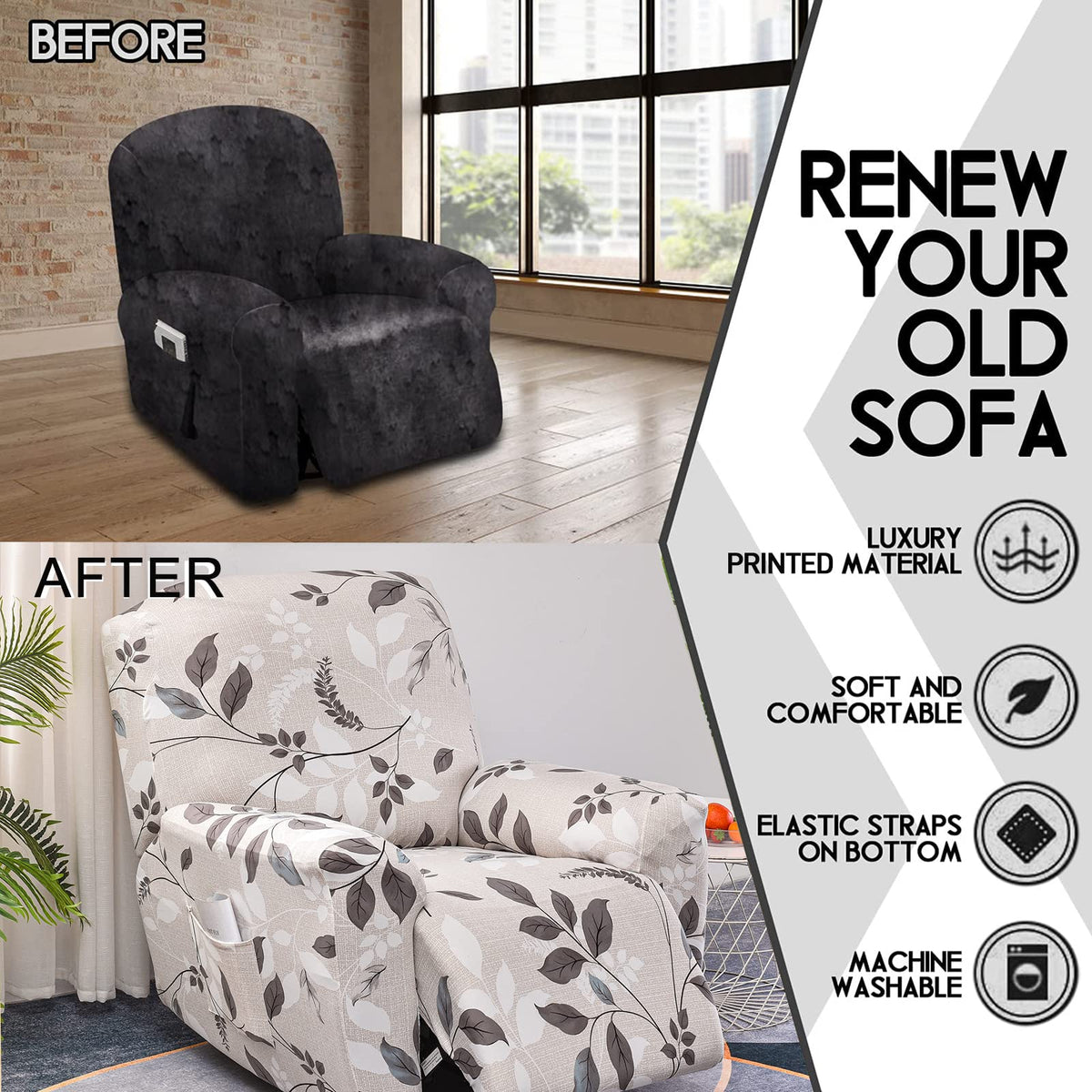 CRFATOP Floral Printed Recliner Cover with Pockets Single Reclining Slipcover 4-Pieces Lazy Boy Recliner Armchair Cover with Elastic Bottom for Recliner Furniture Protector for Kid Pet,A01