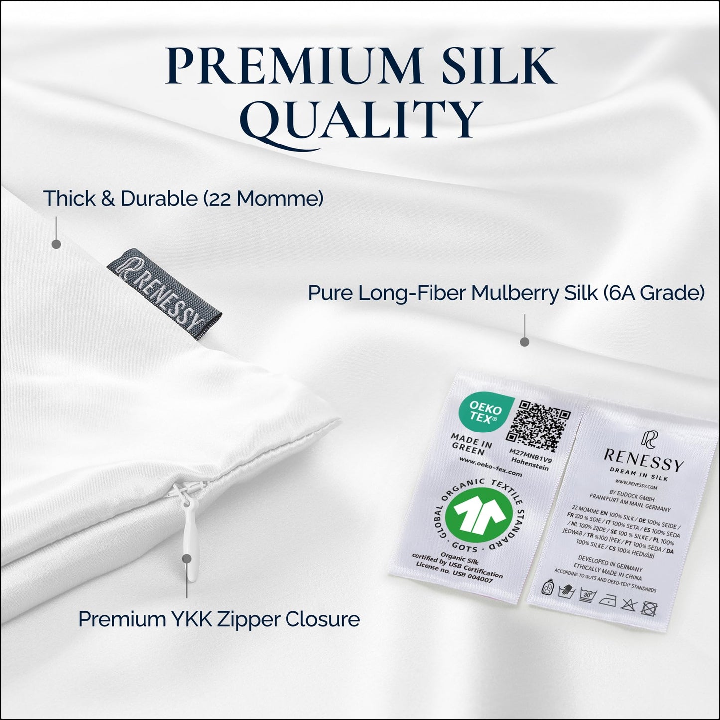 RENESSY Premium Silk Pillowcase 100% Organic Mulberry Silk, 22 Momme, Grade 6A - Oeko-Tex Certified in Germany - Luxury for Hair & Skin, 1 Piece (Standard, Natural Silk Off-White)