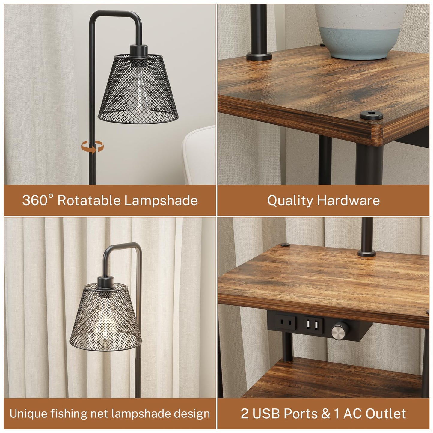 Pazarfami Floor Lamp with Table,Foor Lamp with Shelves,Side Table with USB Charging Port and Outlet,Modern Bedside Nightstand End Table with Lamp for Living Room,Bedroom,Guest Room,Bulb Included