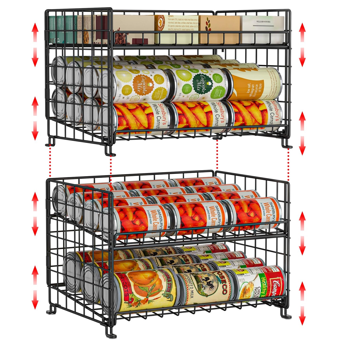 2-Pack Stackable Can Rack Organizer, Storage for Kitchen Pantry Cabinet, Holders for Food, Multifunctional Dispenser for Snacks Soda