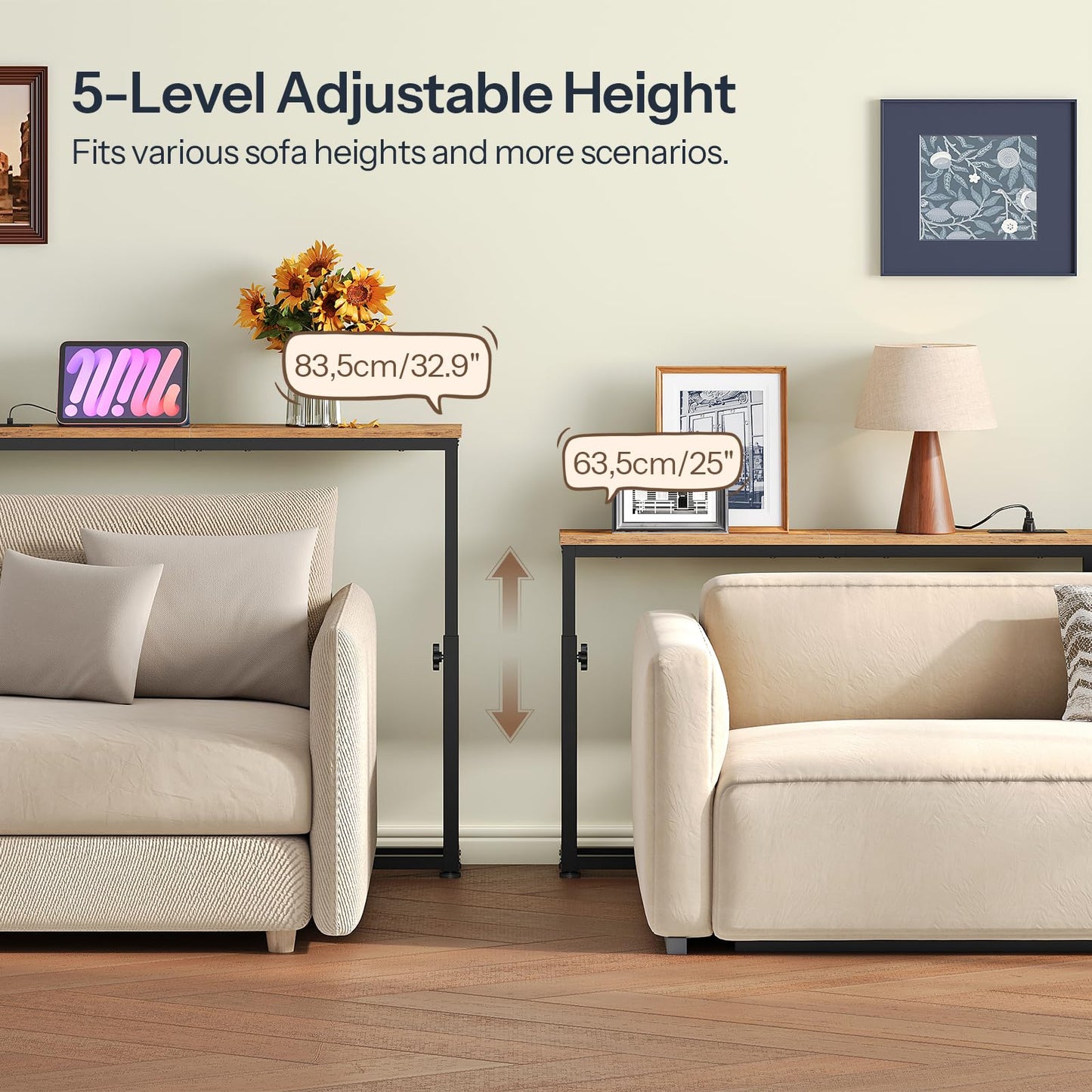 HOOBRO Narrow Console Table with Adjustable Height (25''-32.9''), Skinny Sofa Table with Charging Station, Behind Couch Table, 39.4" W x 5.9" D, for Living Room, Entryway, Rustic Brown BF95UXG01