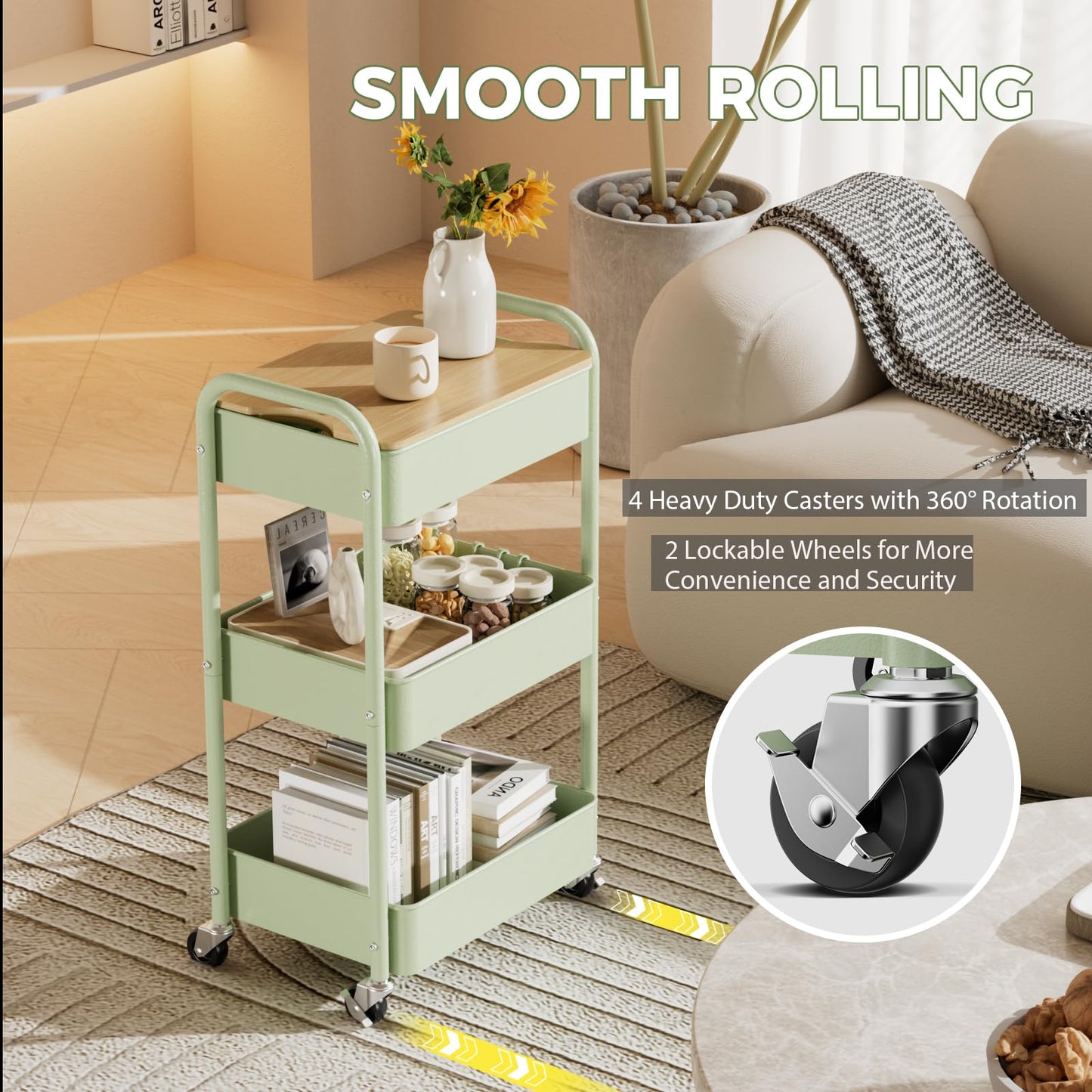 3 Tier Rolling Cart with Table top, Metal Rolling Utility Cart, Storage Organizer Cart with Locking Wheels & Hooks for Office, Classroom, Kitchen and Bathroom, Green