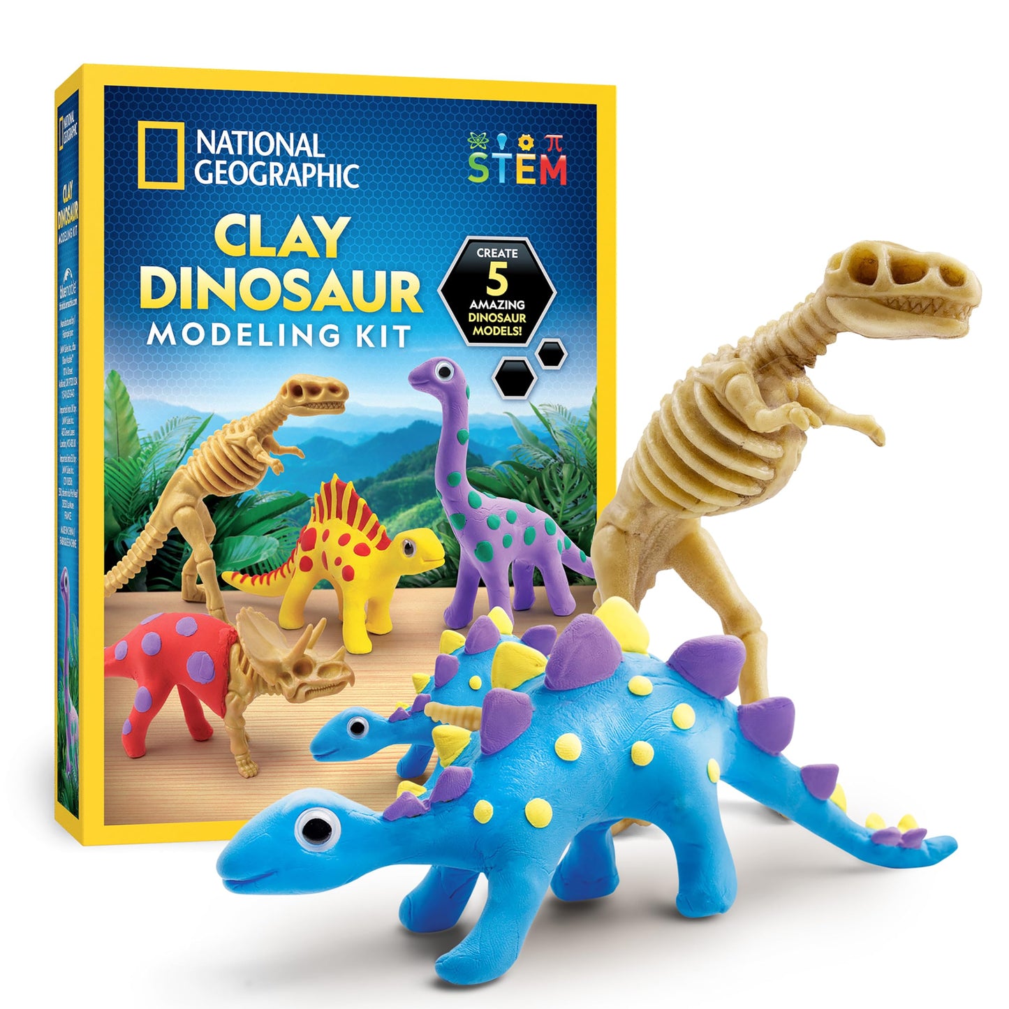 National Geographic Clay Dinosaur Arts & Crafts Kit - Dinosaur Air Dry Clay for Kids Activity Set with 5 Colours, 5 Dinos, Sculpting Tool & More