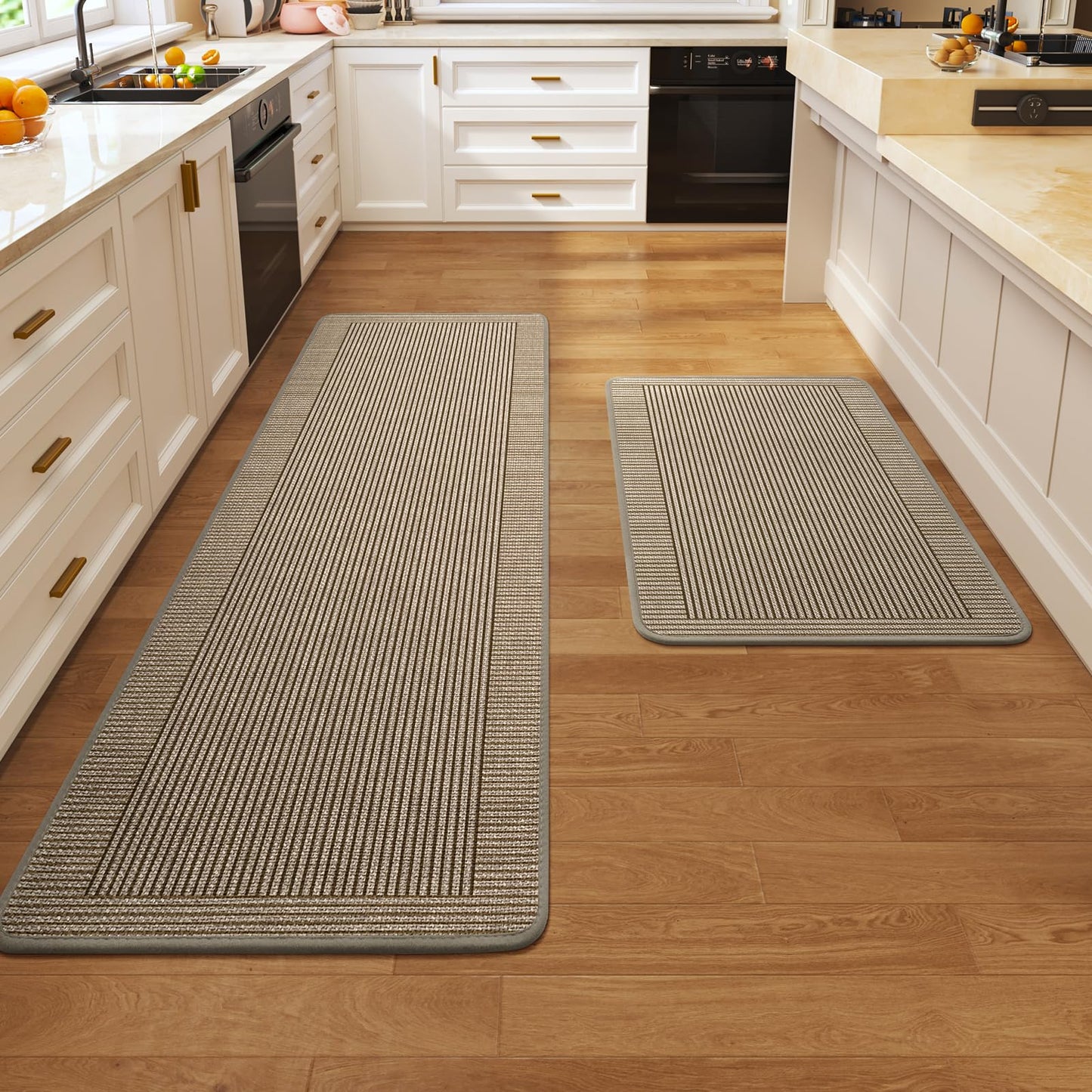 Kitchen Mats for Floor, 17''x30''+17''x59''Kitchen Rugs Set of 2, Washable Non Slip Absorbent Kitchen Mat, Braided Kitchen Runner Rug, Kitchen Sink Rug, Brown