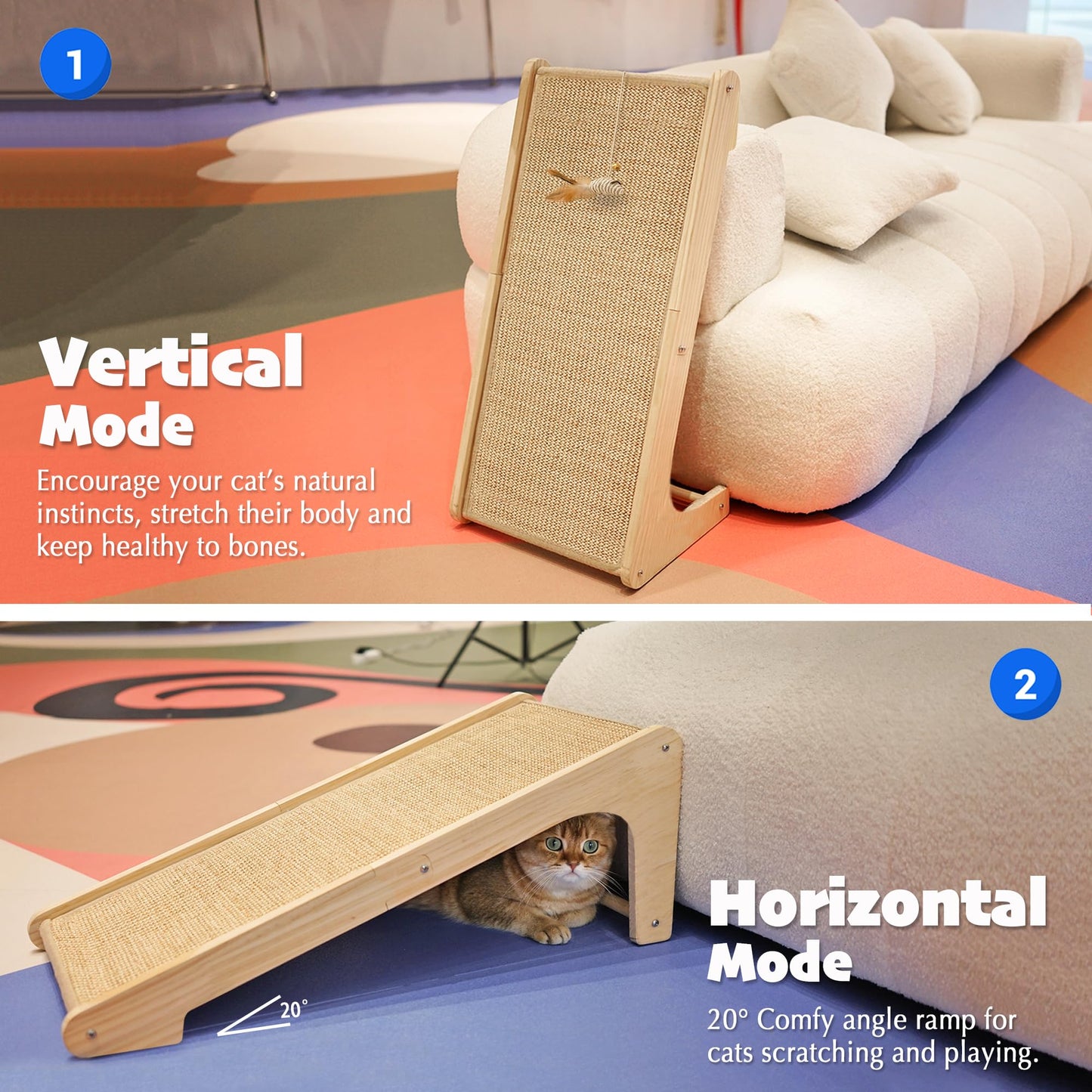 PETKARAY Cat Scratcher, Sisal Scratching Ramp, L Shape Scratch Pad for Indoor Cats, Wall Furniture Protector with Catnip (Large Size)