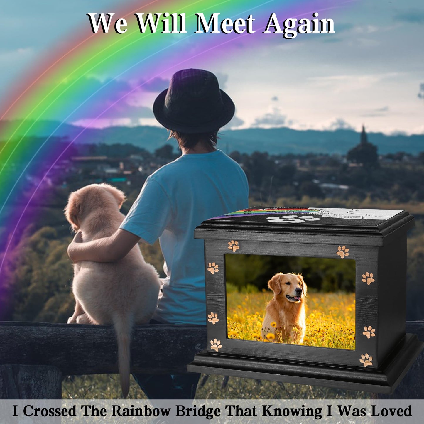 Pet Memorial Urn for Dogs or Cats Ashes - Large Wooden Funeral Keepsake With Photo Frame, Cremation Memory Box for Loss Pets, Casket Burial Ashes