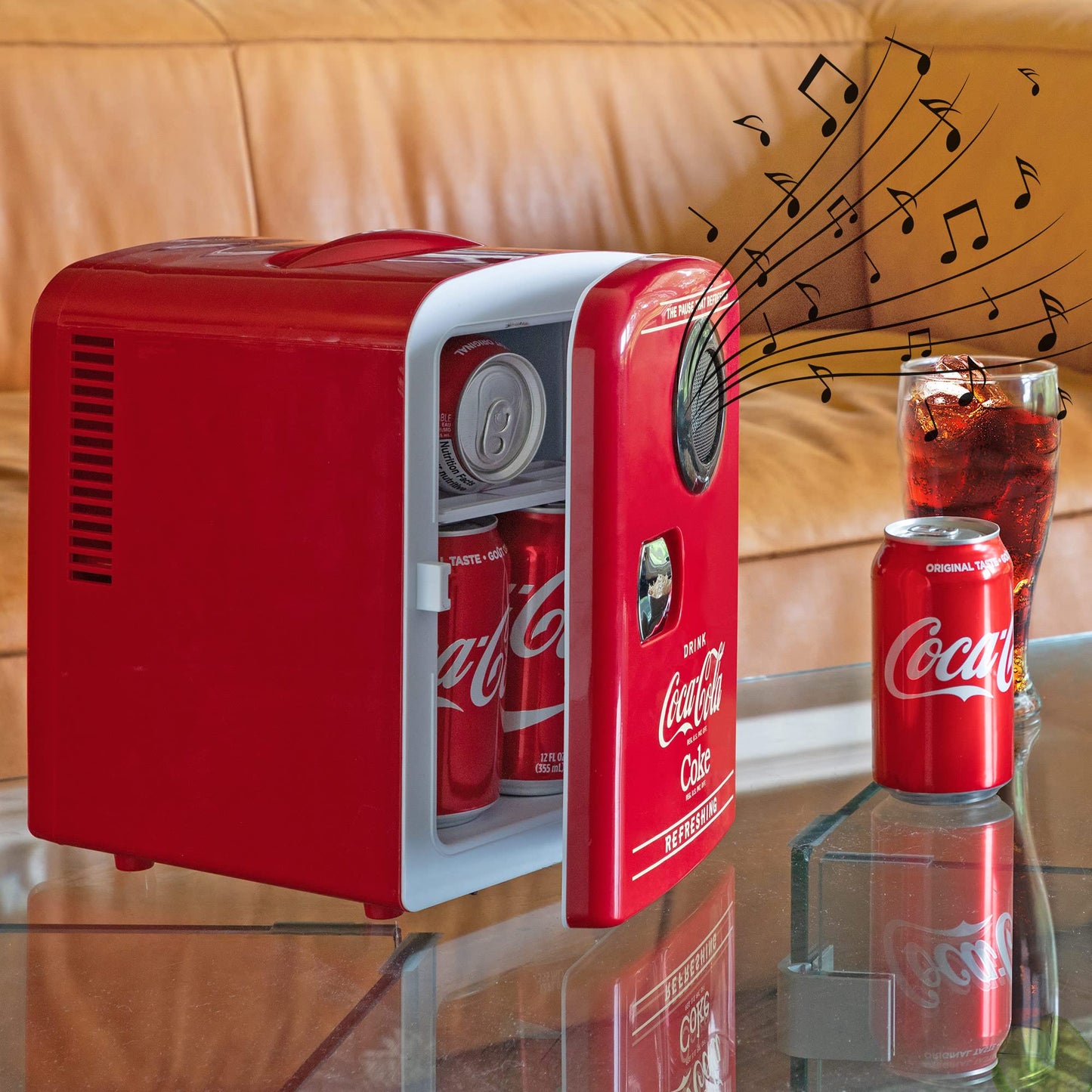 Coca-Cola 12V Portable Built in Speaker with 4L Mini Fridge, Compact Speaker and Personal Cooler/Warmer for Desk Office Dorm, Unique Gift for Music-Lovers and Students