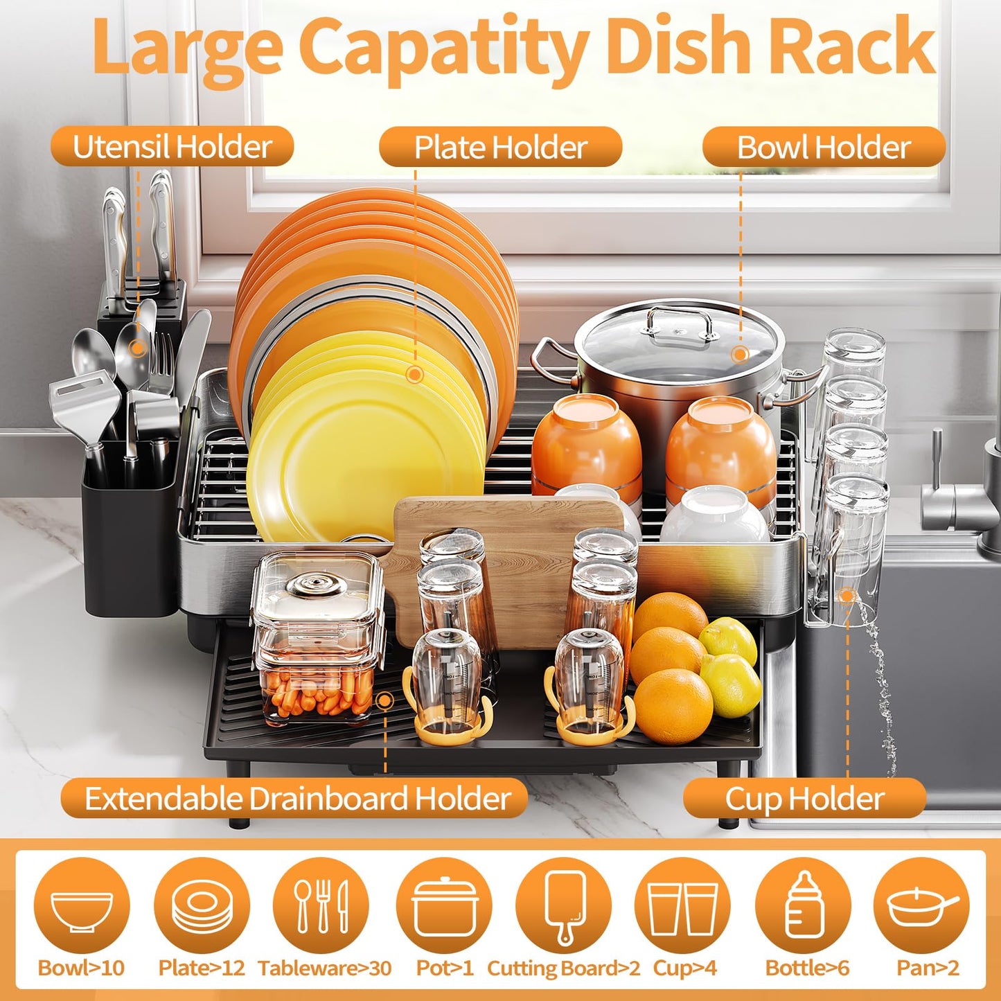 Expandable Dish Rack with Drainboard - Stainless Steel Dish Drainer with Removable Cutlery Tray, Foldable Cup Holder, Elevated Feet, Multifunctional Drainboard for Sink Countertop Kitchen Storage