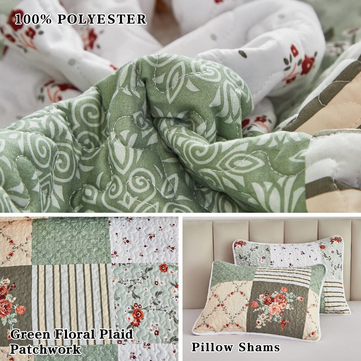 Floral Patchwork Quilt Set 3 Pieces Full/Queen Size, Green Plaid Reversible Bedspread Coverlet Set, Soft Microfiber Lightweight Bed Cover for All Season (90" x 90", 1 Quilt+ 2 Pillow Shams)