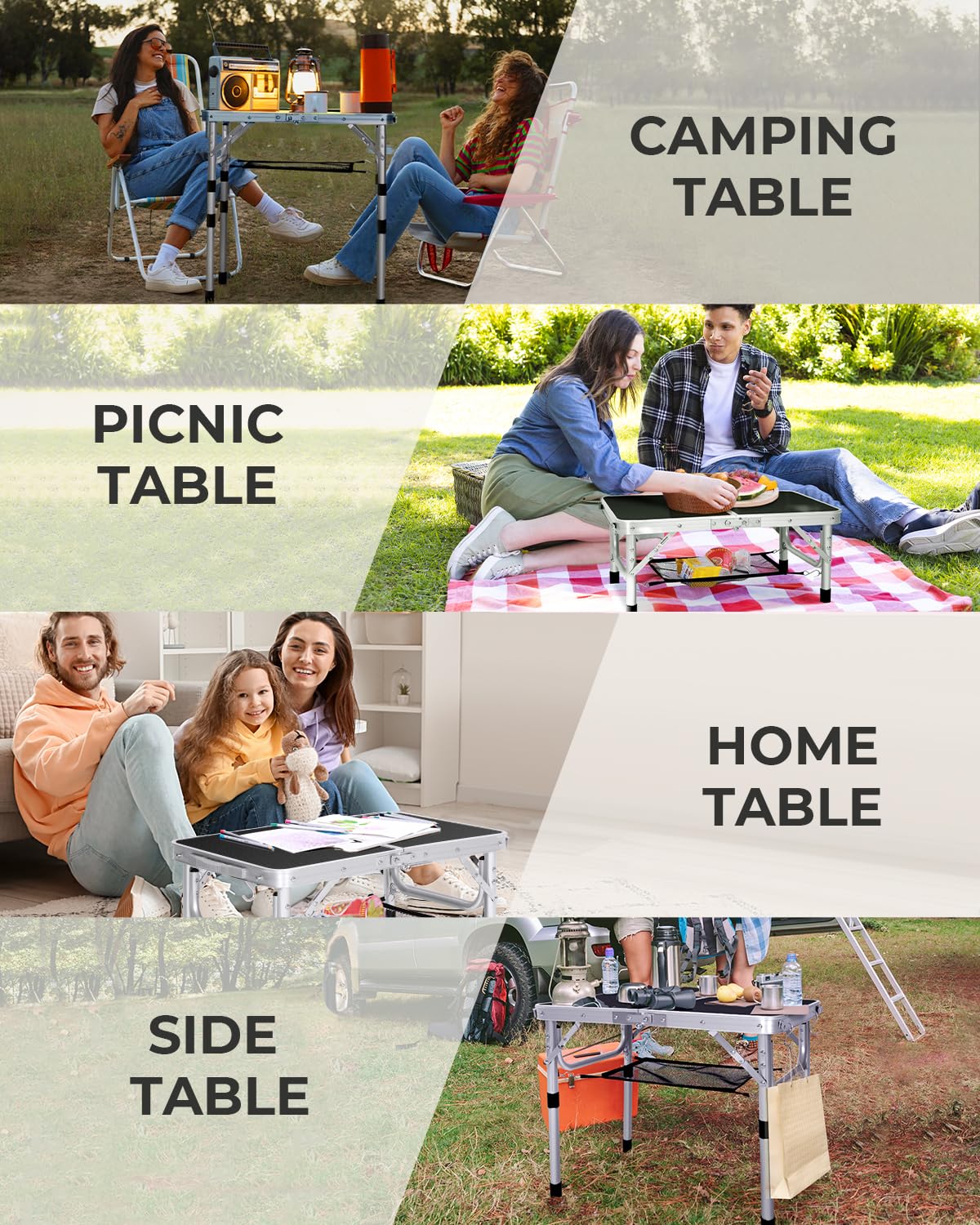 Sportneer Small Folding Table 2ft, 4 Adjustable Height Folding Camping Table with Mesh Layer Lightweight Portable Folding Camping Tables Aluminum Camping Table Outdoor Table for Picnic Beach BBQ