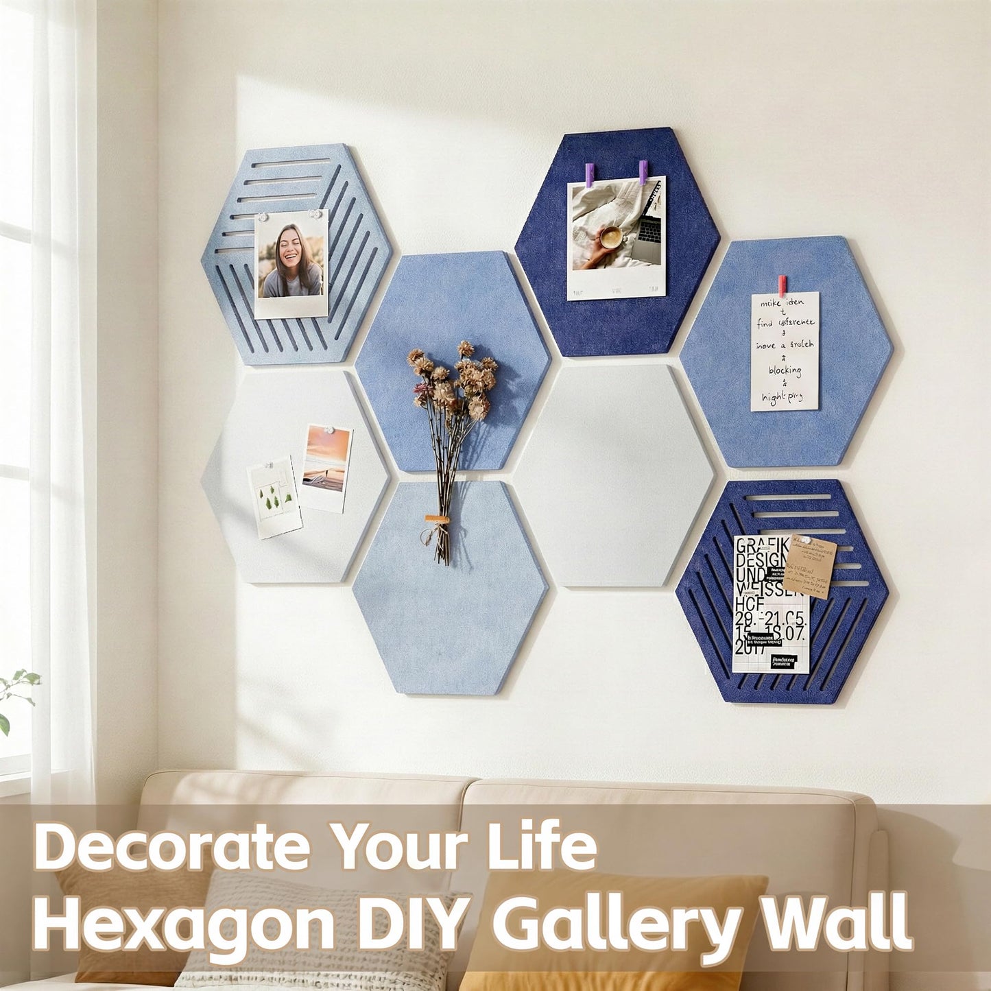 Hexagon Large Felt Bulletin Board Tiles - Cork Board Alternative for Wall 8 Pack Pin Board with 40 Push Pins, DIY Decor for Office Home Classroom Photos Memos