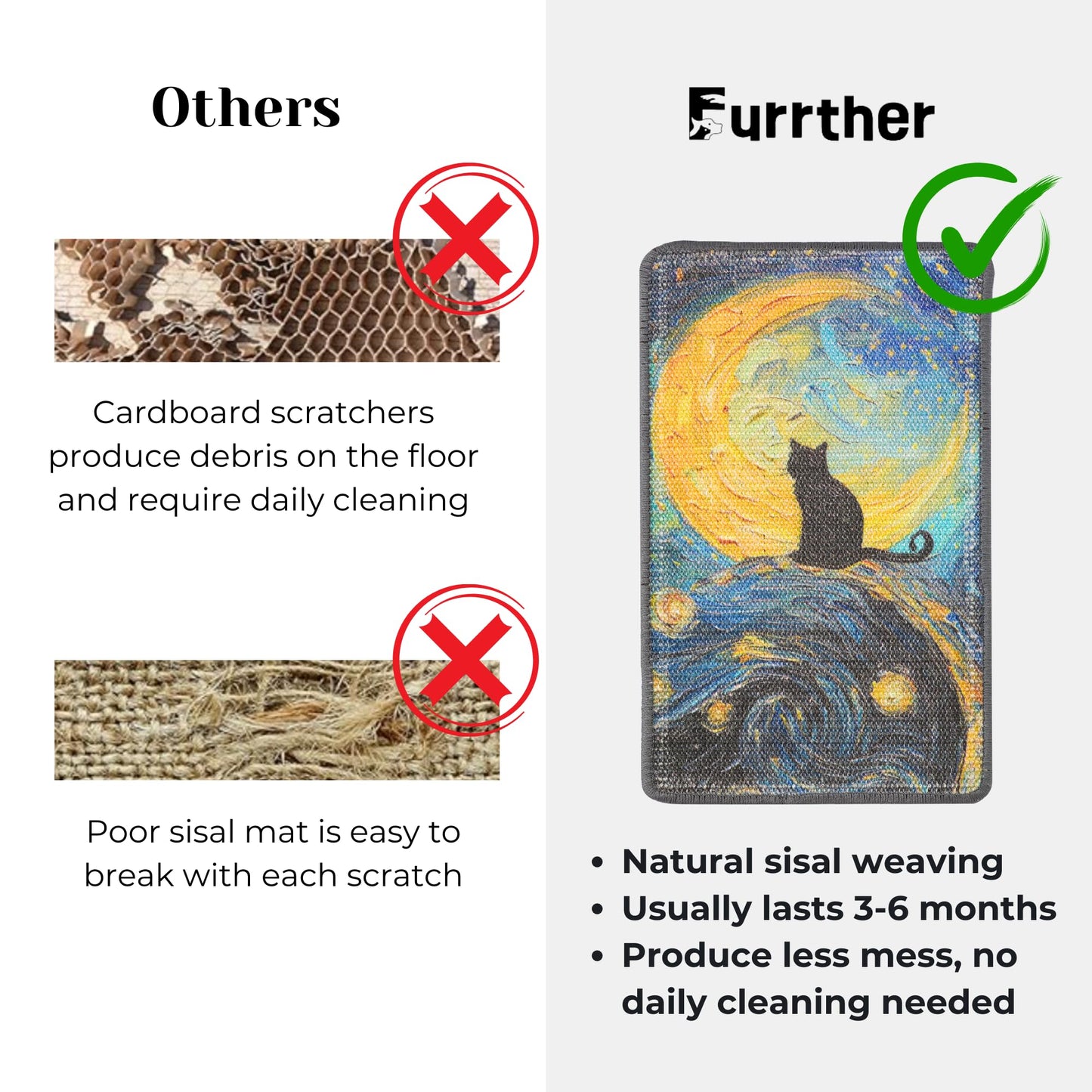 Furrther Sisal Cat Scratcher Post Mat (Use on Wall, Couch and Carpet), Durable and Shedding-Resistant Cat Scratching Surface - 21.7x13 inch with Hoop and Loop Adhesives, Twist Pins (Starry Night)