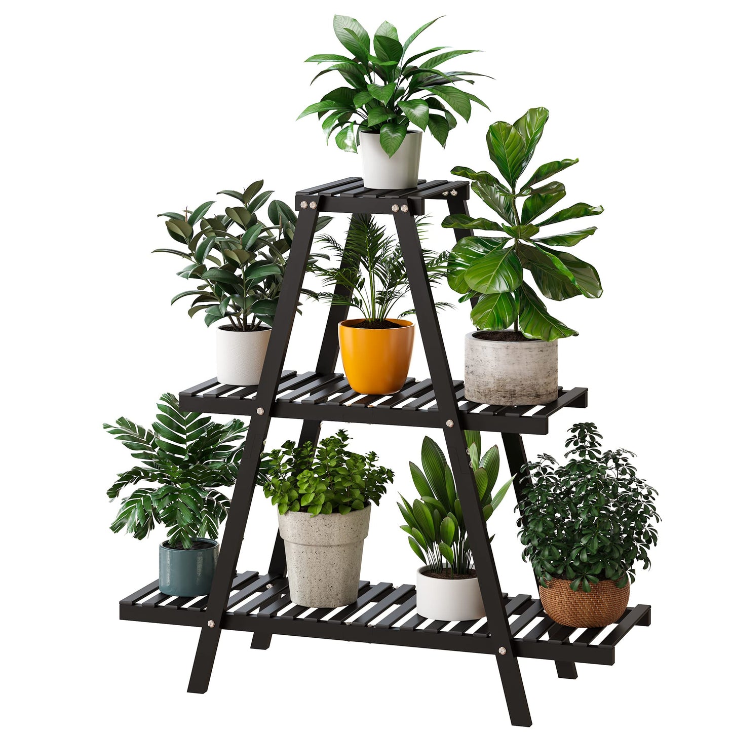 Plant Stand Indoor, Outdoor bamboo Plant Stands for Multiple Plants, 3 Tier 8 Potted Flower Holder Ladder Plant Rack,Plant Shelf Ladder Table Plant Pot Stand for Living Room, Patio, Balcony (3-Tier-Black)