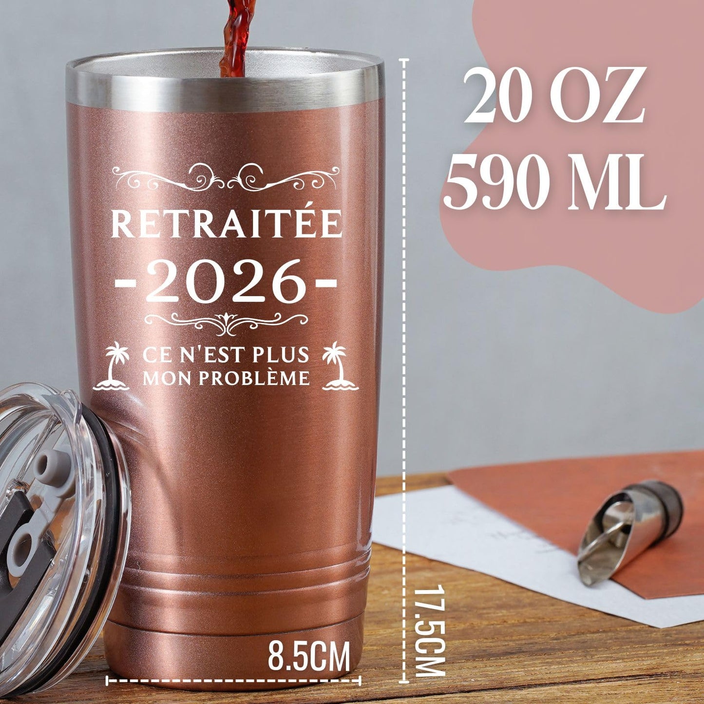 Onebttl Retirement Gifts for Women in French, Insulated 20oz Stainless Steel Travel Tumbler with Lid