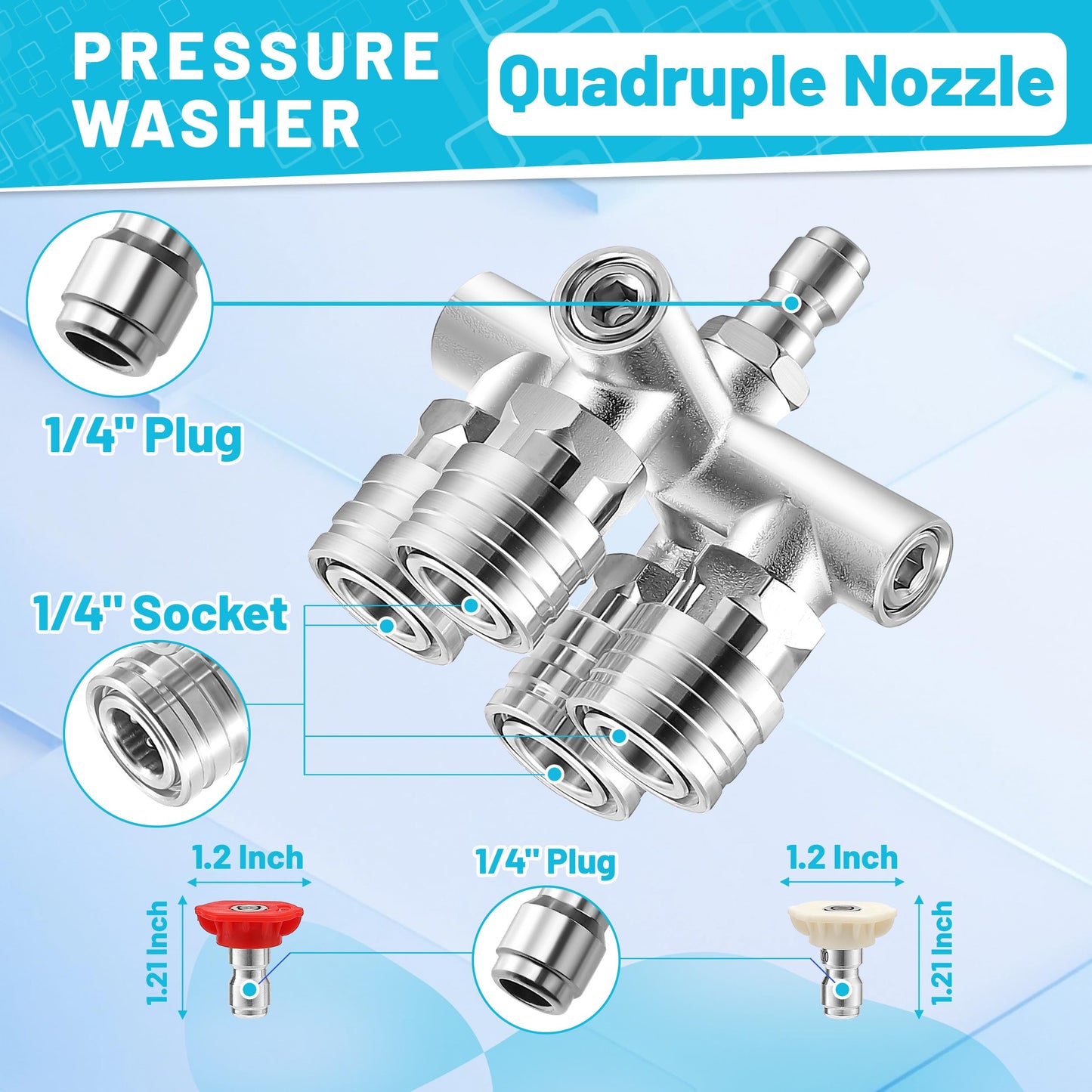 EZALOR Quadruple Pressure Washer Tips, 4 in 1 Power Washer Nozzle, 4 Nozzle for Pressure Washing with 16PCS Power Washer Spray Nozzles (0, 15, 25, 40 Degree), 1/4 Inch Quick Connect, 5000 PSI
