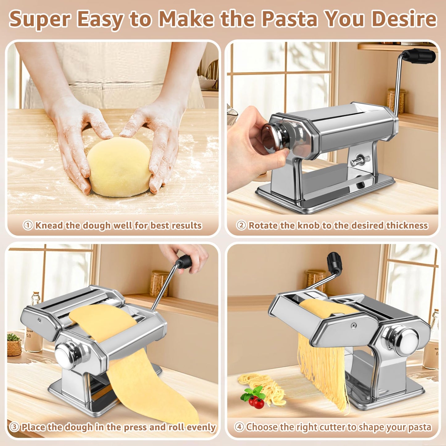 Pasta Maker - 7 Thickness Settings Pasta Roller & 2-in-1 Cutter, Stainless Steel Noodle Maker for Spaghetti, Fettuccine, Ravioli, Lasagna - Includes Hand Crank & Table Clamp