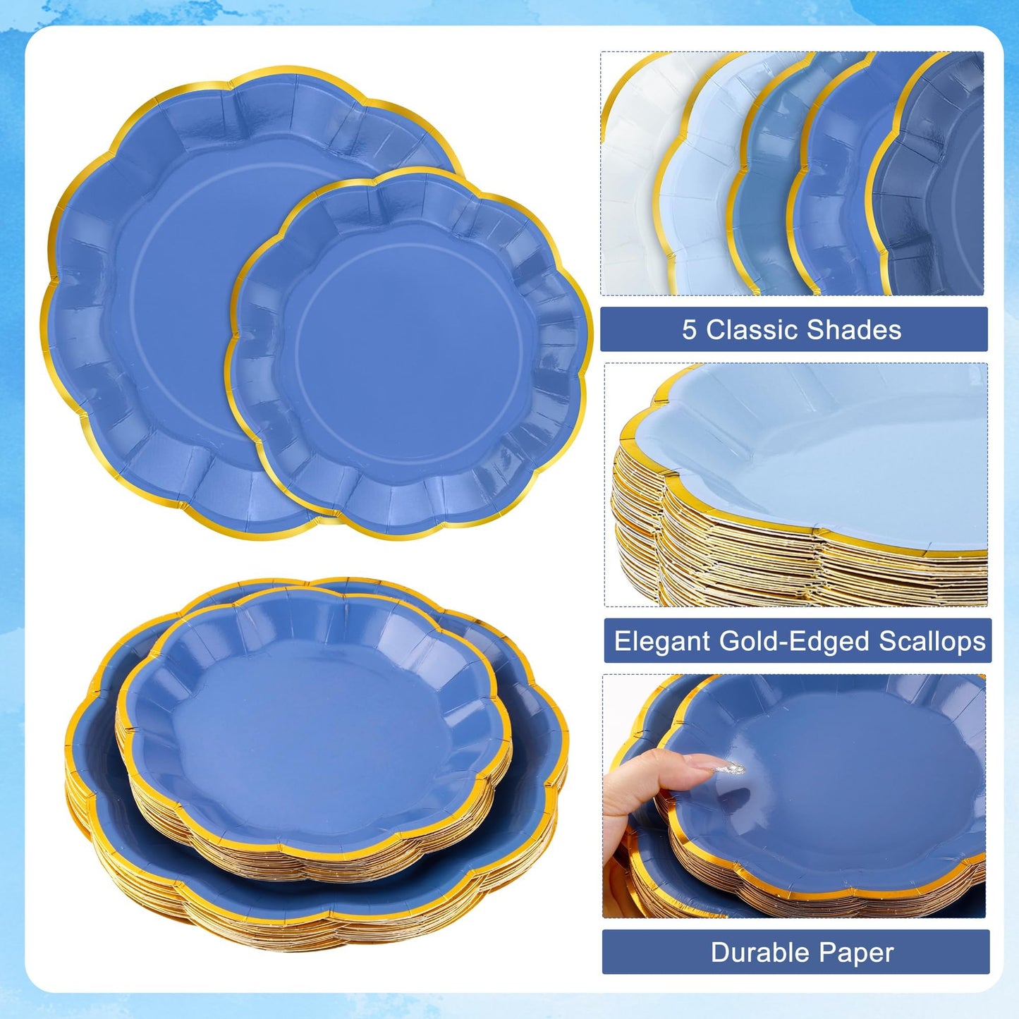 Kochorie 100 Pcs Dusty Blue Paper Plates and Napkins Gold Foil Scalloped Paper Plates & Napkins Disposable Tableware Set for Birthday Wedding Baby Shower Party Decorations