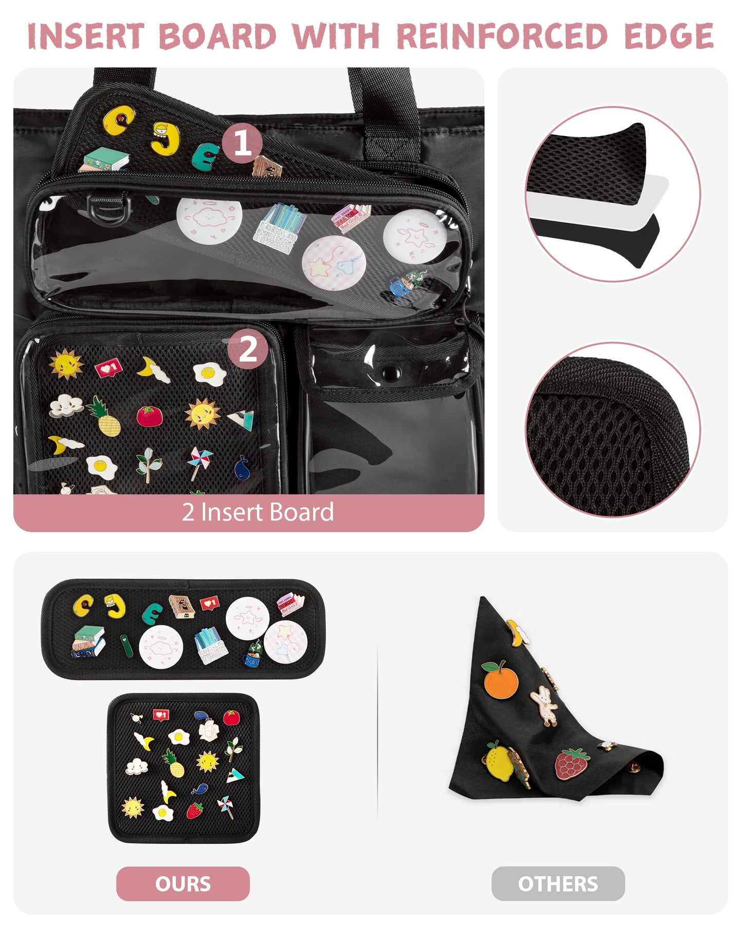 Prokva Large Ita Bag with 3 Pockets & 2 Inserts, Kawaii Ita Tote Pin Display Bag for Anime Kpop Fans, Versatile Messenger Bag, Black, Handbag (Pins NOT Included)