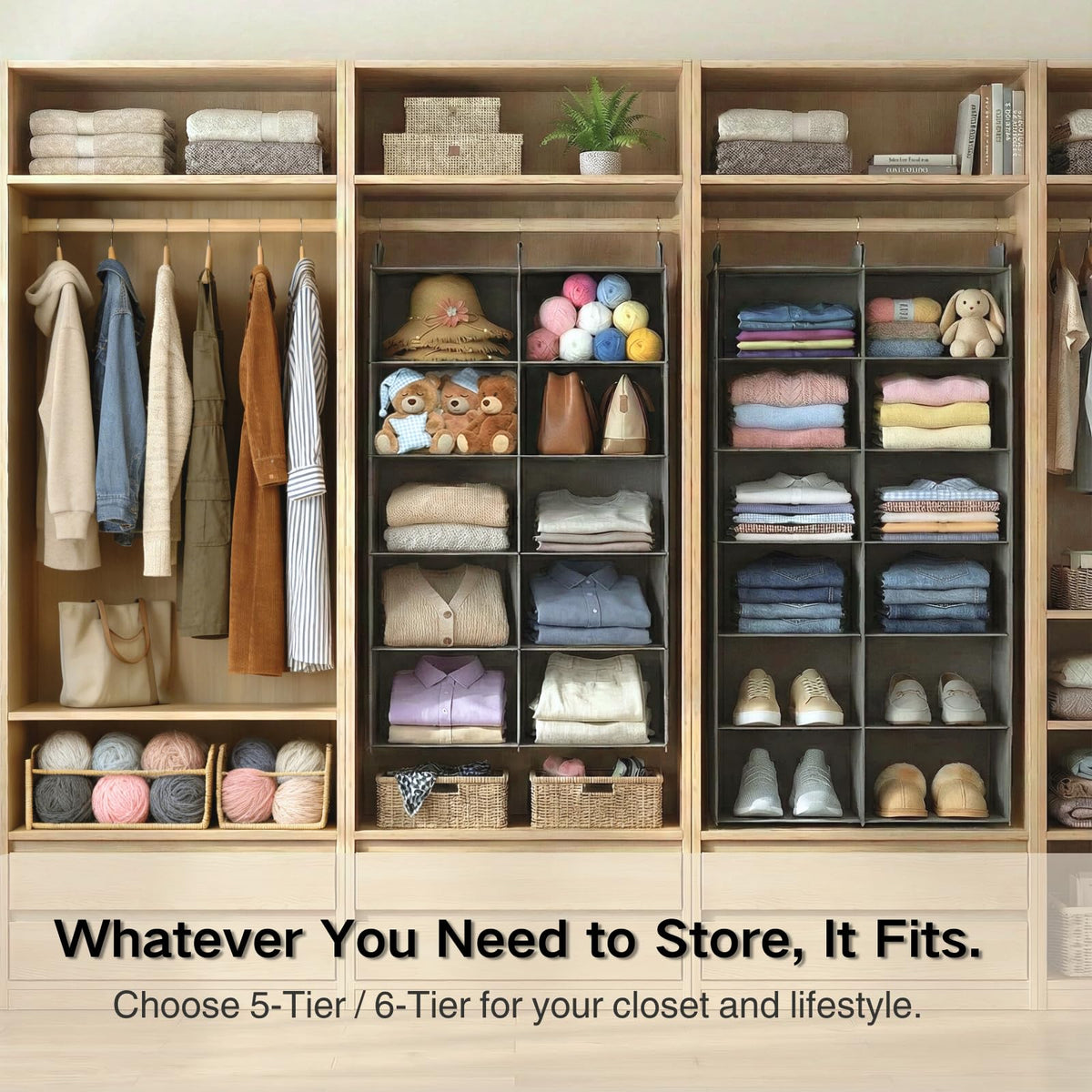 ALLTIDYUP Dual-Row Hanging Closet Organizer – Foldable Clothes Storage Shelves with 3 Hooks, Space-Saving Wardrobe Organizer for Dorm Rooms, Bedroom or Closet (Grey, 6 Tier)