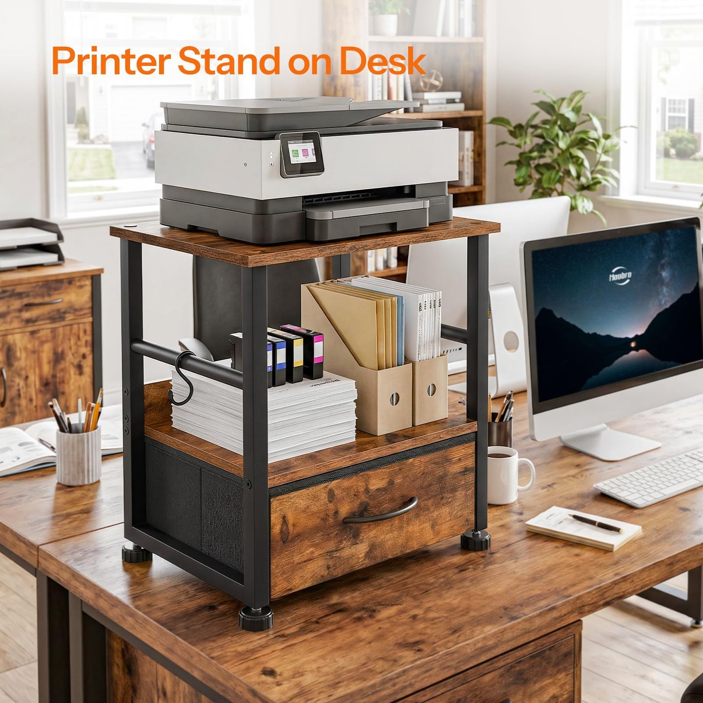 HOOBRO 2-Tier Printer Stand with Drawer, Under Desk Printer Table, Printer Cart with Storage, with Casters/Adjustable Feet, for Home Office, Study, Living Room, Rustic Brown and Black, BF20PS01