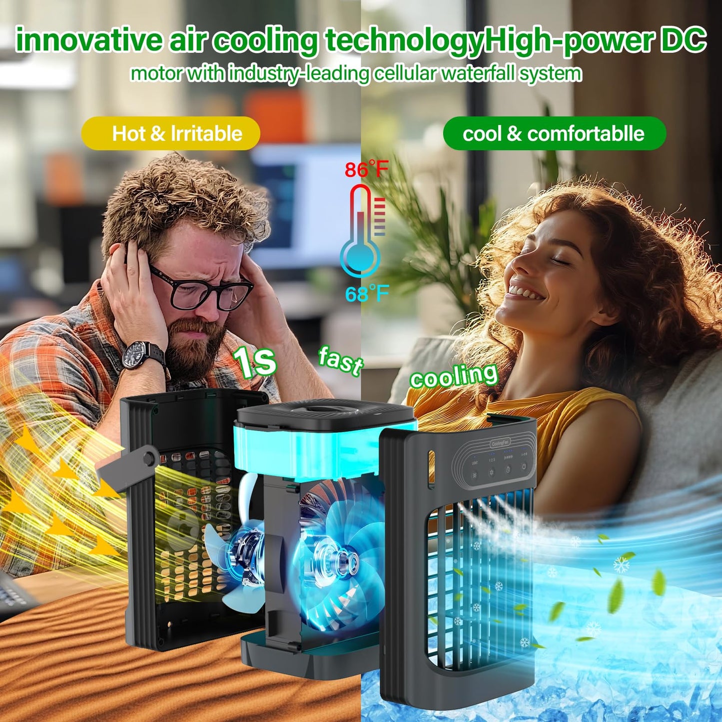 Portable Air Conditioner Cooling Fan with Remote, Quiet with 3 Speeds, 1200ml Personal Air Cooler Fan with 3 Mist, 7 Night Light, 8H Timer, Small Air Conditioner for Bedroom Office
