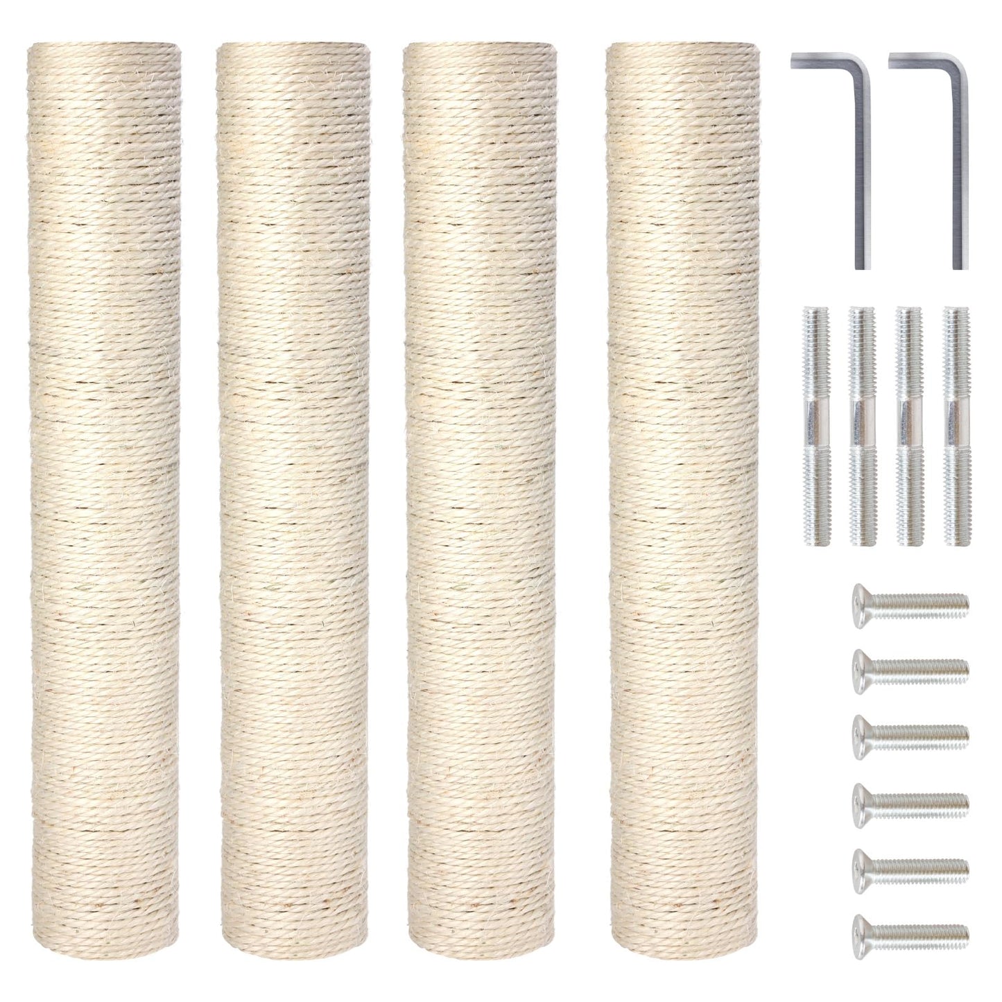 PowerKing 4-Pack 15.7" Cat Scratching Post Replacement - Natural Sisal Rope Scratcher Poles with M8 Screws for Indoor Cat Tower Renewal Parts, Cat Furniture Refill Parts (White)