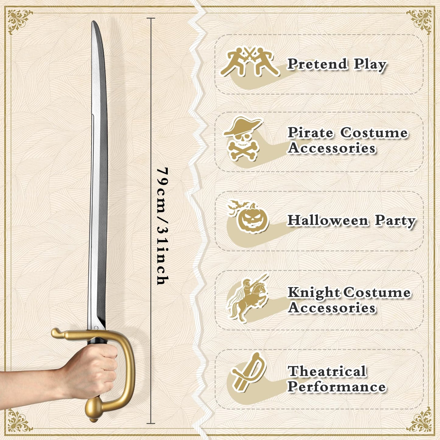 2pcs Pirate Cutlass Swords,31.5" Plastics Toy Sword,Medieval Pirate Costume Accessory for Halloween Cosplay LARP,Props