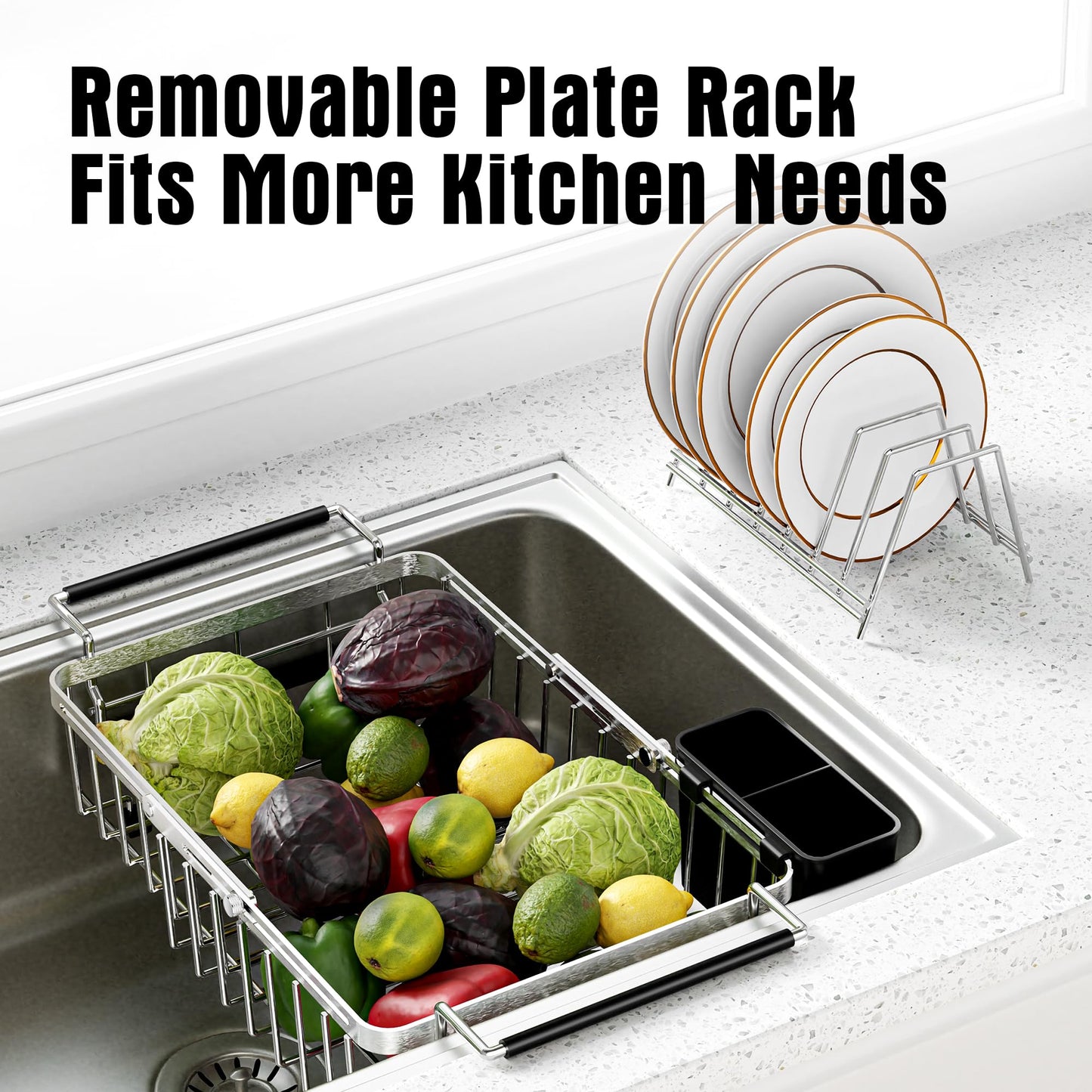 Dolreiik Expandable Dish Drying Rack in Sink,Stainless Steel Over The Sink Dish Drainer Drying Rack for Kitchen Counter,with Utensil Holder,Silver