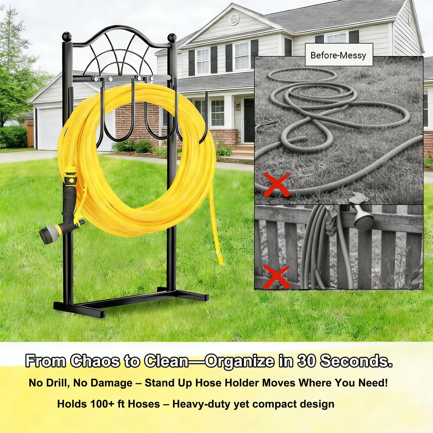 Hose Holder, 4-Anchor Base Metal Freestanding Garden Hose Reel for Ultimate Stability, Water Hose Storage Stand for 100FT Hoses,Yard & Garden，Black