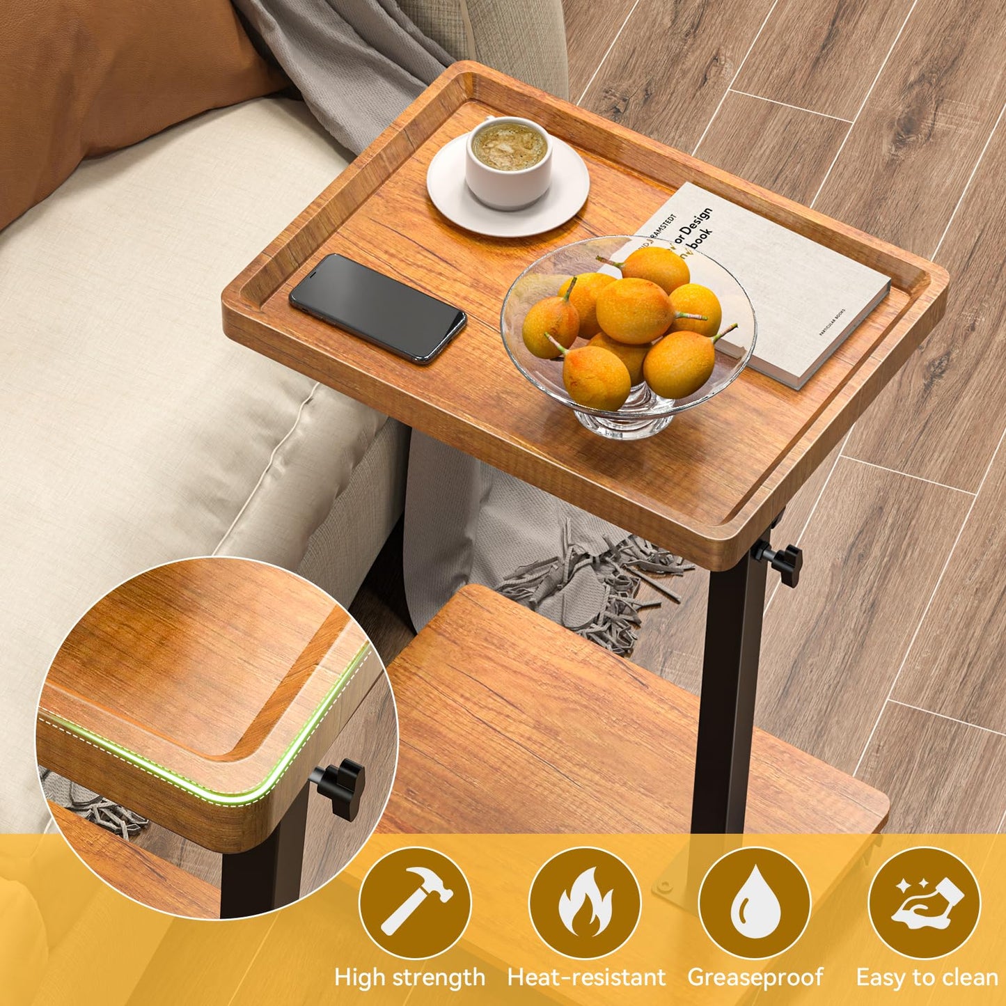 C Shaped End Table Adjustable Height, 360°Swivel TV Tray Table for Small Spaces, Rolling Couch Side Tables for Living Room, Bedroom, Bedside, Chair, Sofa, Snack