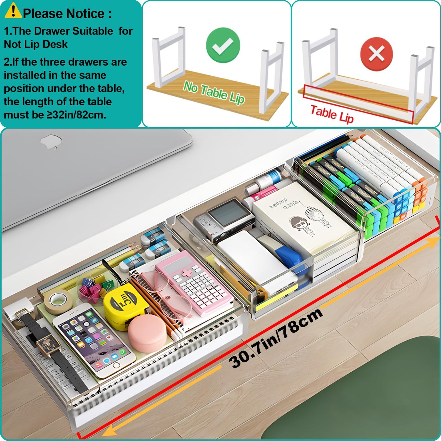 SVNNELP Under Desk Table Drawer Storage Organizer,3 Pack Large & Medium & Small Slide Out Desk Drawers - Hidden Desktop Organizer,Attachable Pencil Storage Tray Under Table(Clear White),S+M+L
