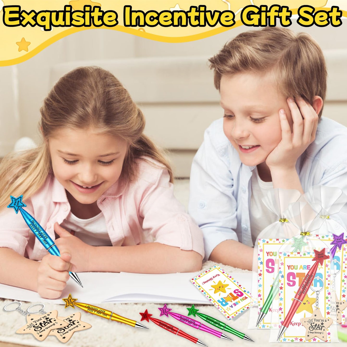 Natonhi 32 Sets End of Year Student Gifts from Teacher Bulk with Star Keychain Cute Pens Gift Card for Students from Teacher for Classroom Party Favors Home Office learners Graduation Party Supplies