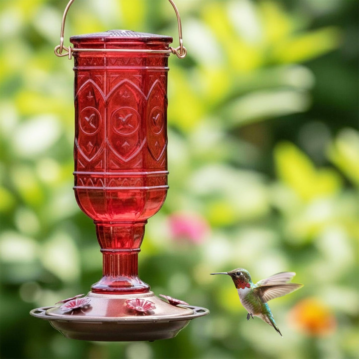 More Birds 76IN Jewel Glass Hummingbird Feeder, Red - 20 oz