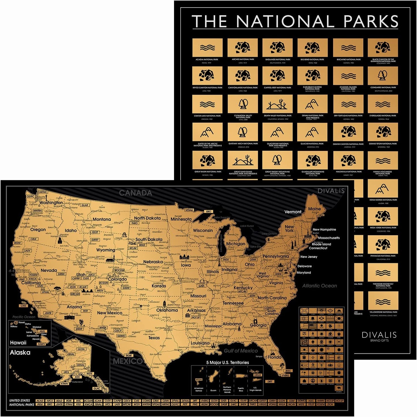 2 in 1 Gift Set - Scratch Off US Map and 63 National Parks Poster - 24x16 Easy to Frame Scratchable United States of America Posters - Globetrotters Wall Map - Black and Gold Travel Tracker