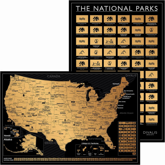 2 in 1 Gift Set - Scratch Off US Map and 63 National Parks Poster - 24x16 Easy to Frame Scratchable United States of America Posters - Globetrotters Wall Map - Black and Gold Travel Tracker