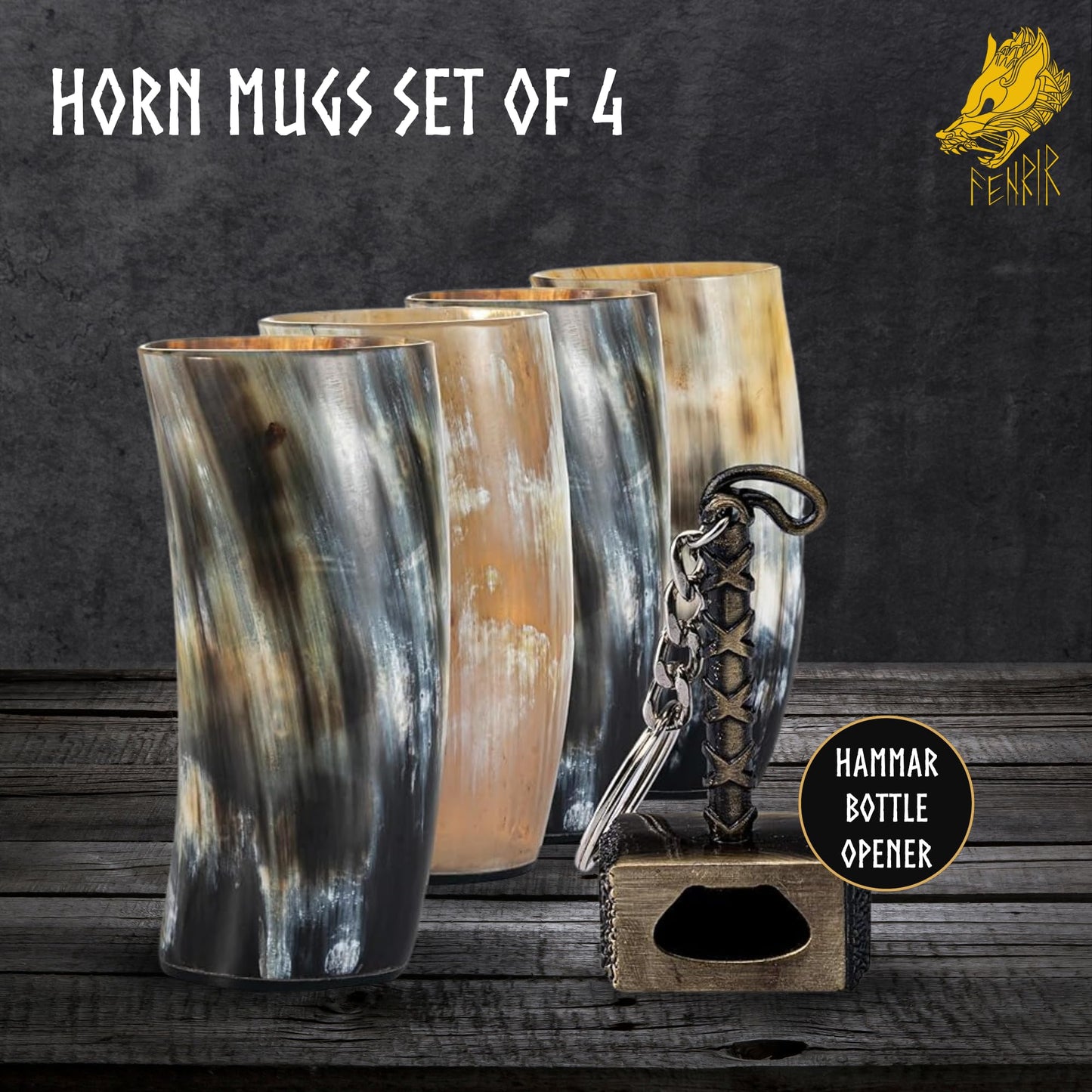 FENRIR Real Horn Beer Glasses with Hammer Opener, Hand Washable Round Beer Glass (Set of 4 Glasses),(6 Inch)