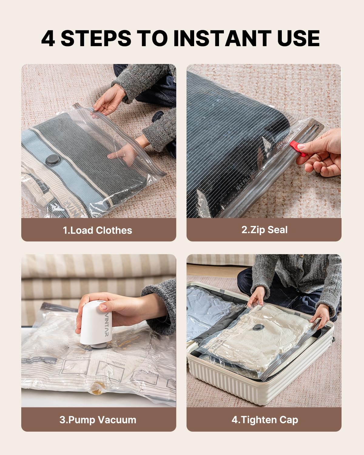 Vacuum Bags for Travel with Rechargeable Cordless Pump, VINTAR 12 Combo (3J+3L+3M+3S) Vacuum Sealer Bags for Clothes Storage Travel, Space Saver Compression Packing for Suitcase and Luggage